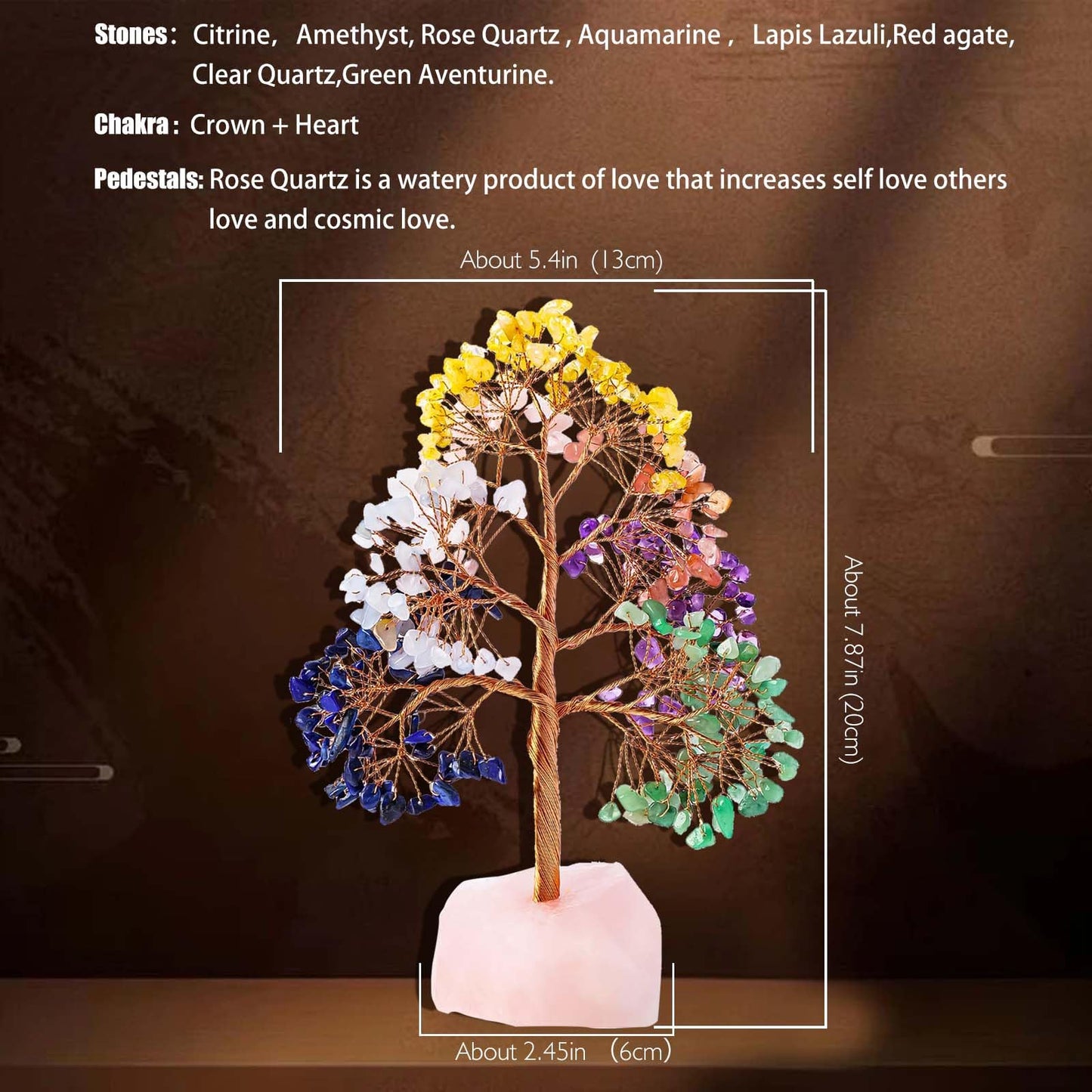 Natural Crystal Tree of Life Chakra Healing Trees Home Decor, Office Decor, Living Room Decor, Handmade Money, Good Luck Christmas Tree Birthday Gifts for Women Mom (Rose Quartz-Base)