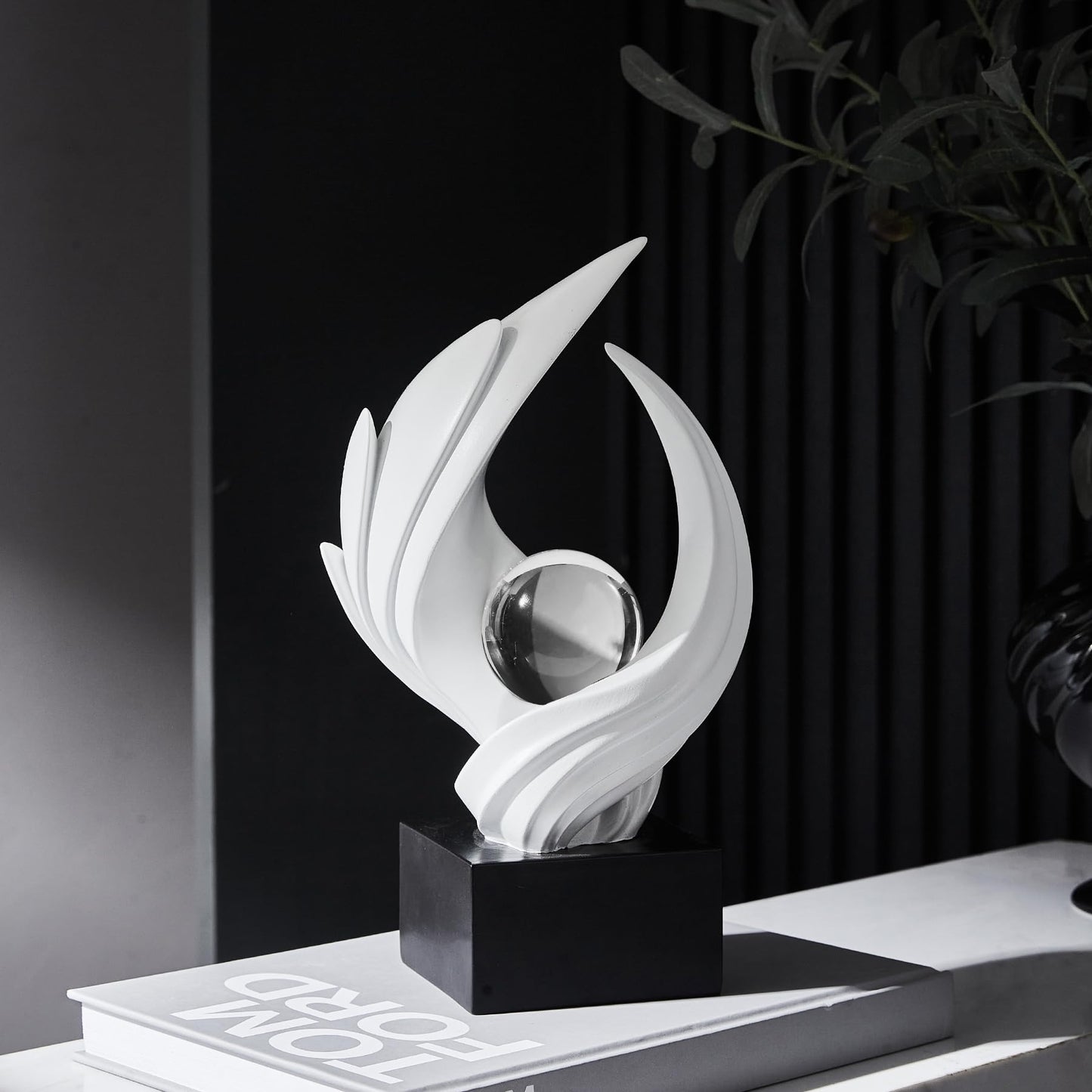 XGZY Abstract Flame Art Statue-Modern Home Decor Table &Book Shelf-with Glass Ball (10.43in Tall Figurine) (White)