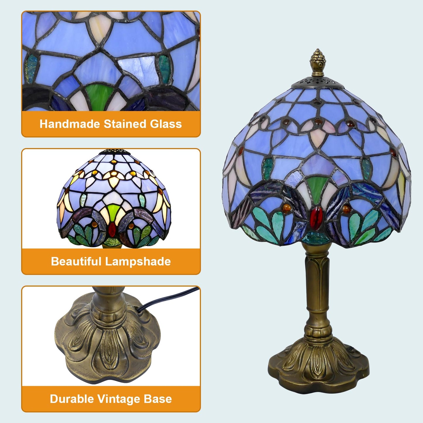 VirtueKing Tiffany Table Lamp Blue Baroque Handmade Stained Glass Desk Lamps 8" Wide 15" Tall Vintage Reading Lamp for Office, Living Room, Bedroom, LED Bulb Included
