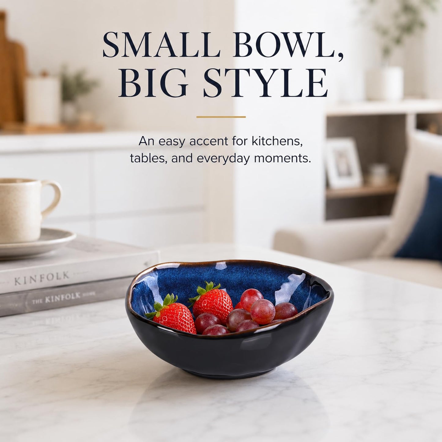 XIYOUQI 6" Blue Ceramic Decorative Bowl, Key Bowl for Entryway Table, Candy Dishes, Salad Bowl, Fruit Bowl for Kitchen Counter, Blue Small Jewelry Trinket Dish for Bedroom, Bedside Table, Living Room