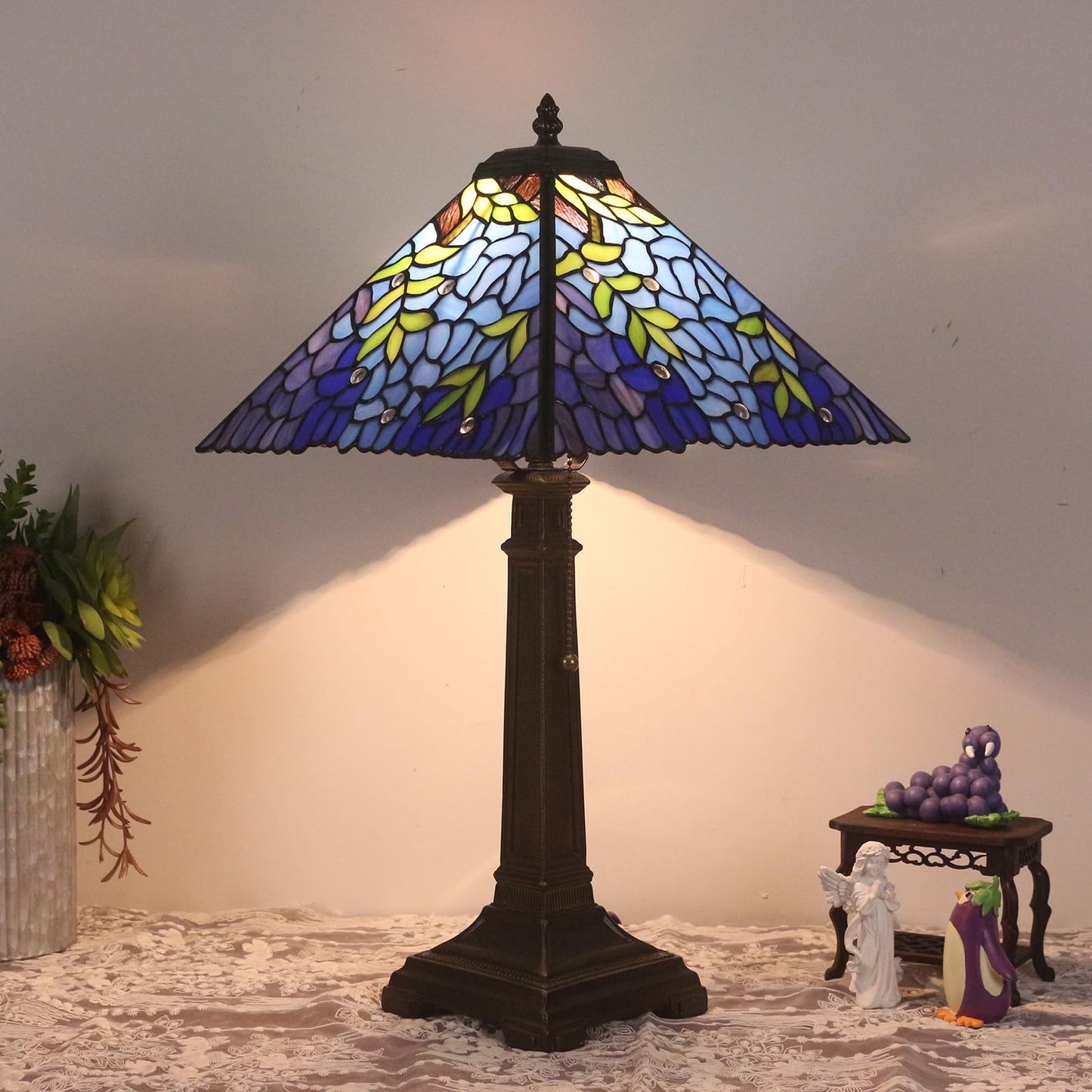 TFNTCYG Tiffany Style Table Lamp,Wisteria Stained Glass Lamp,12x12x22 Inch Resin Base Antique Bronze Finish Decorative Desk Night Light for Bedroom Living Room