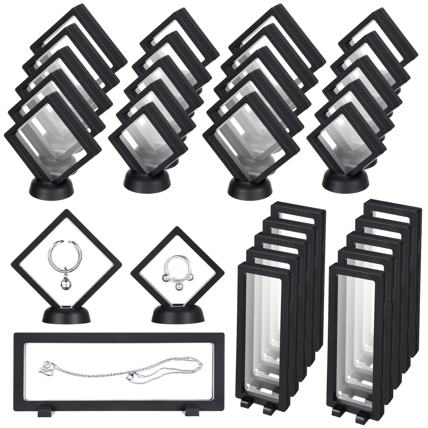Hoemwarm 30 Pack 3D Floating Display Stand Floating Frame Display Case Coin Display Holder with Base Transparent PE Jewelry Storage Box Black Freeze Seal Frame for Jewelry,Specimen,Medallions(Black)