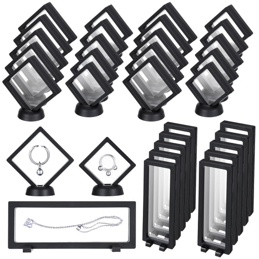 Hoemwarm 30 Pack 3D Floating Display Stand Floating Frame Display Case Coin Display Holder with Base Transparent PE Jewelry Storage Box Black Freeze Seal Frame for Jewelry,Specimen,Medallions(Black)