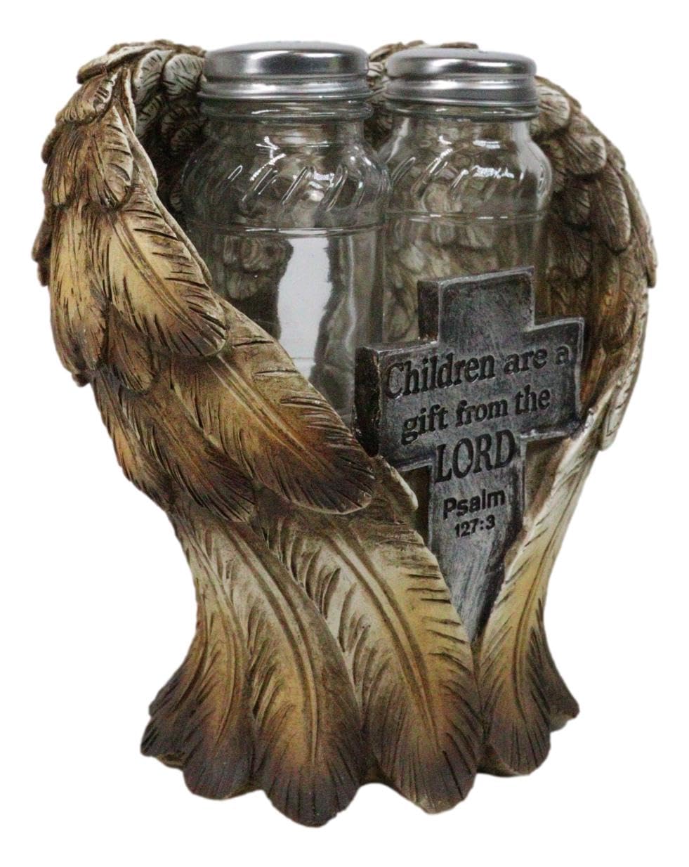 Ebros Gift Decorative Holy Cross Children Are A Gift From The Lord Psalms 127:3 Angel Wings Salt And Pepper Shakers Holder Set in Spiritual Religious Christian Decor Sculpture Kitchen Dining Accent