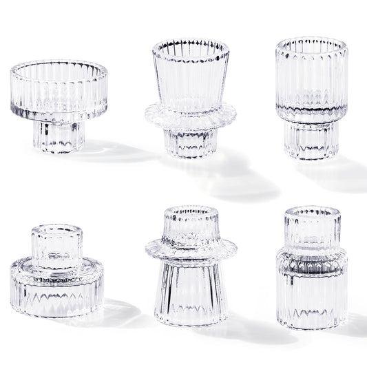 Toptime Candlestick Holders Set of 6, Ribbed Glass Taper Candle Holders, Reversible Clear Tealight & Candle Stick Candle Holder Vintage Crystal Tealight Candle Holder for Wedding Dinner Party