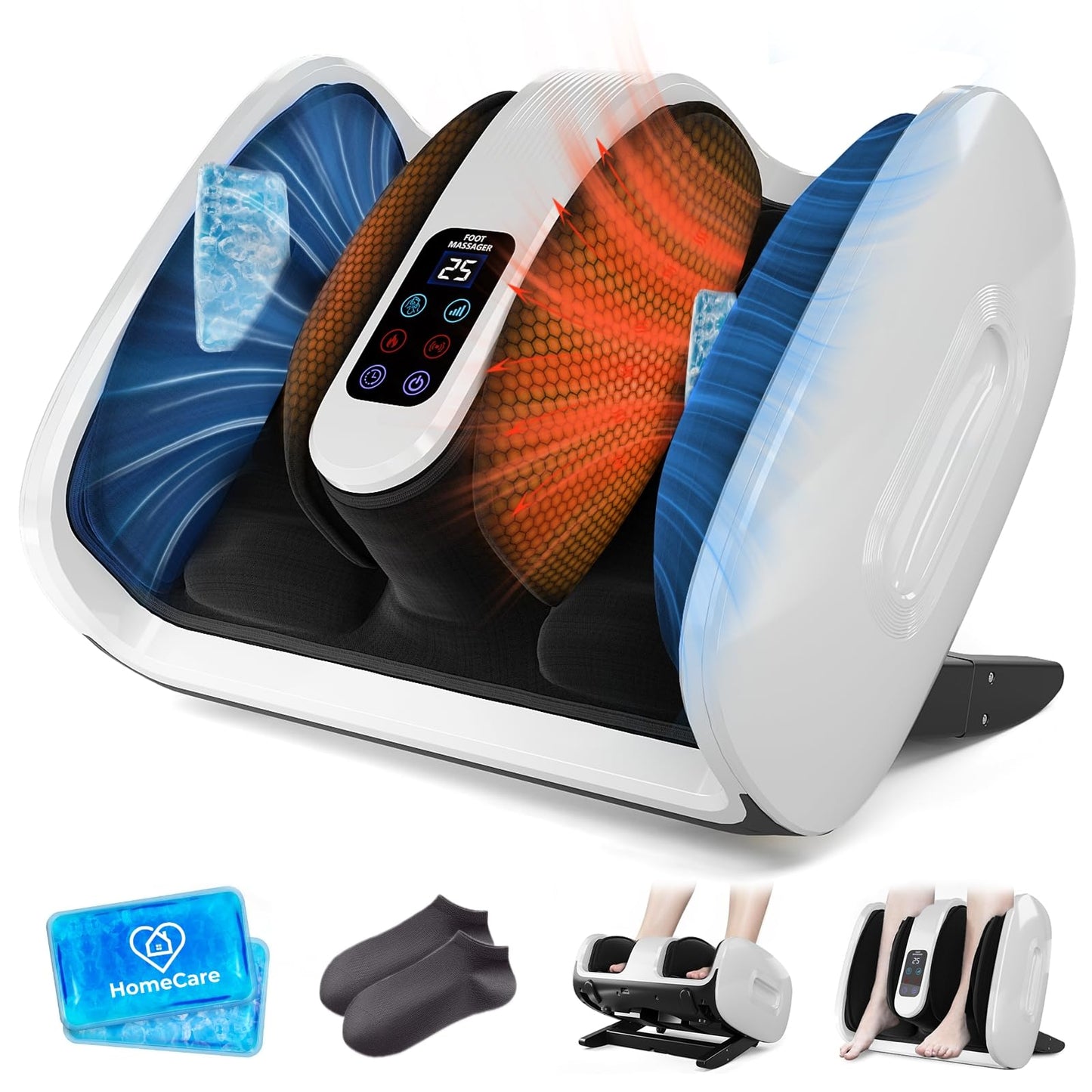 HomeCare Foot Massager with Heat & Ice Therapy, Shiatsu Deep Kneading Compression Foot Massagers for Plantar Fasciitis & Neuropathy Relief, Adjustable Intensity, FCC/CE Certified