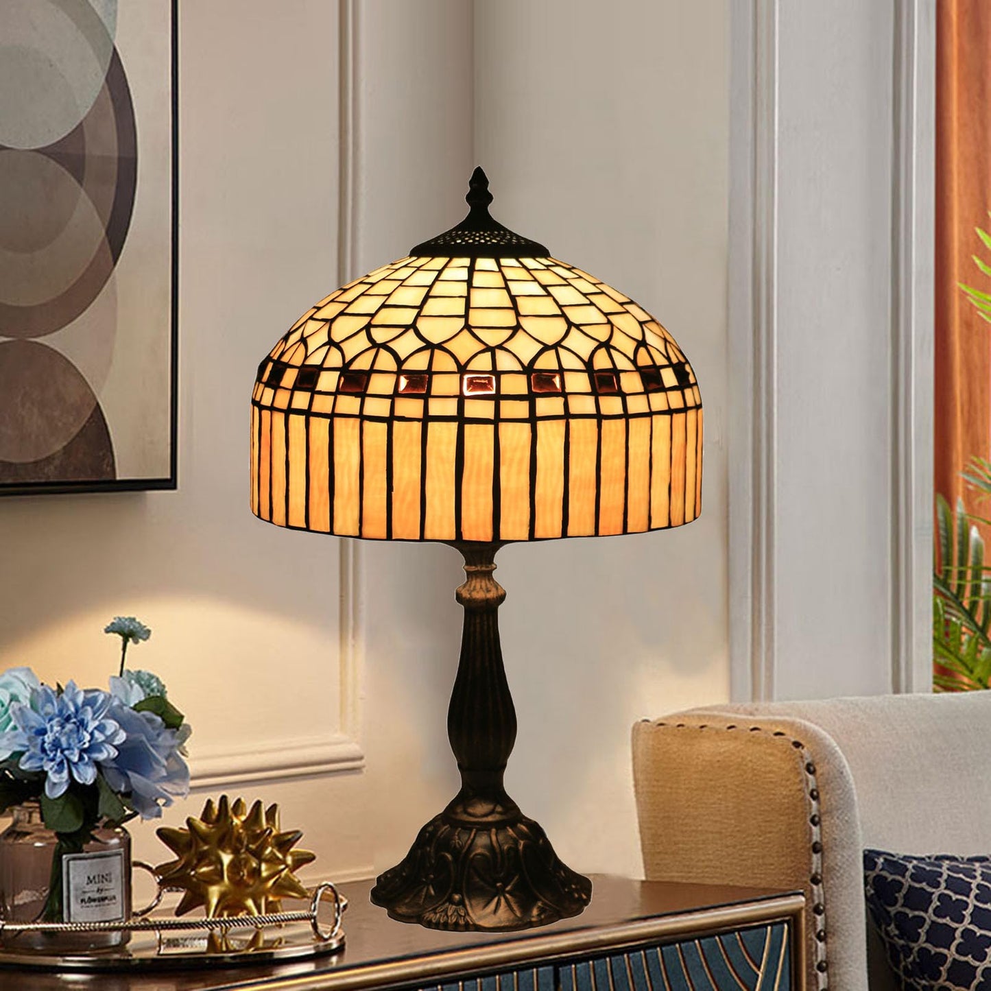 tuomoxte Tiffany Table Lamp, Gold Stripe Stained Glass Shade Bedside Table Lamps,Hand-Made Antique Nightstand Lamp for Bedroom Living Room Home Office+E26 LED Bulb,12X12X19 Inches