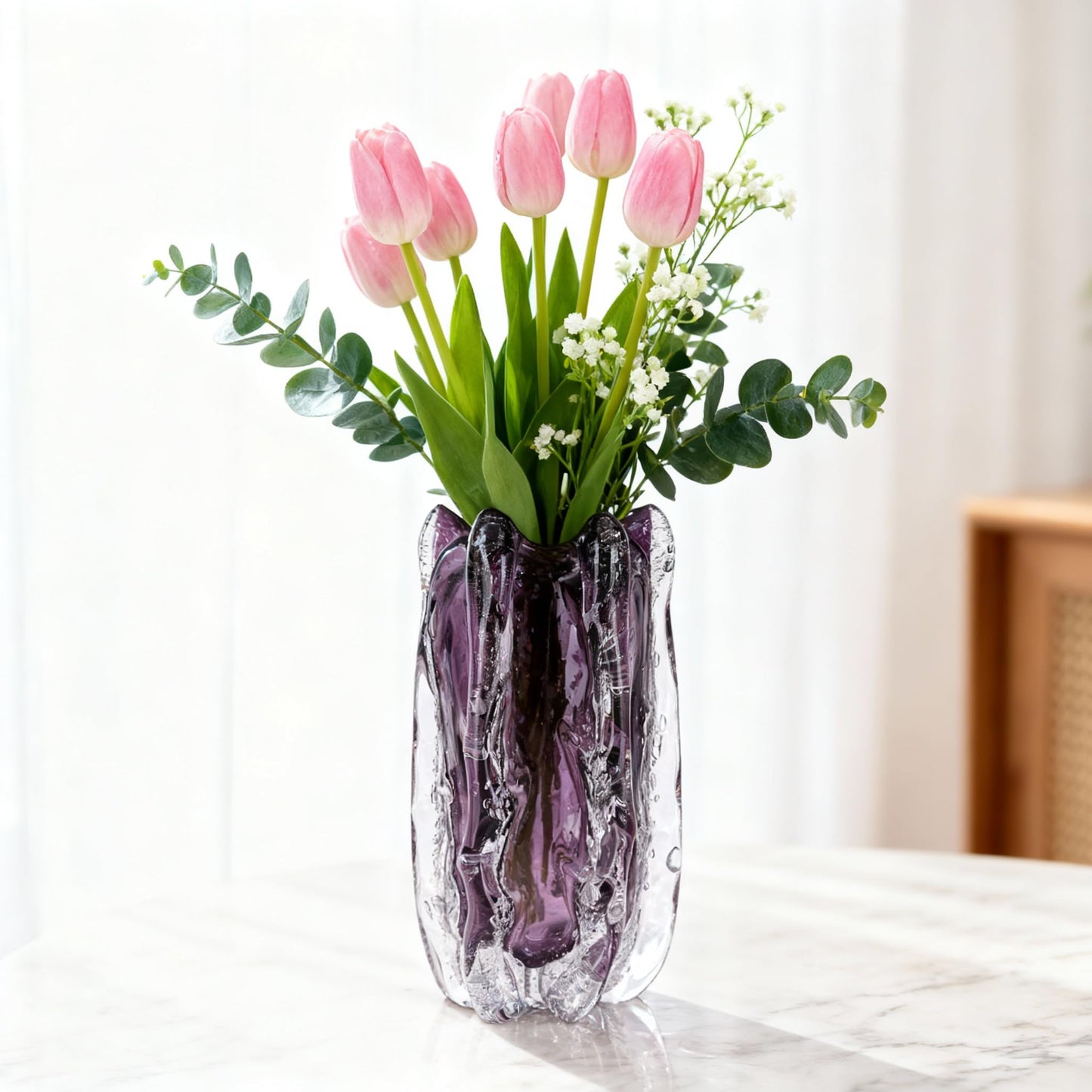 Hand-Blown Glass vase, Unique Wide-Mouth Glass vase, Modern Art Purple Decorative vase, Suitable for Office Spaces, Wedding venues, Living Room Coffee Tables, or as a Centerpiece on Dining Tables.