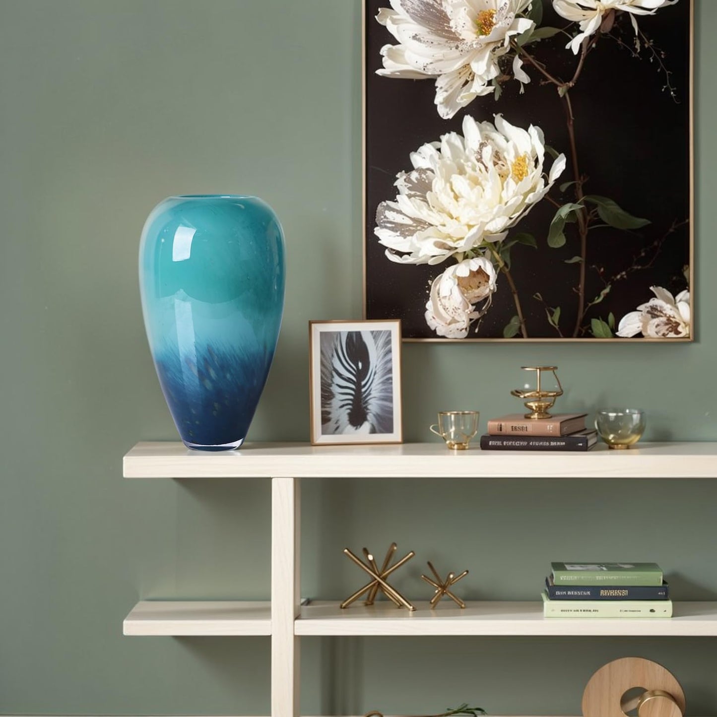 New Chinese Style Gradient Peacock Feather Glass vase (Turquoise Blue, 11 in)
