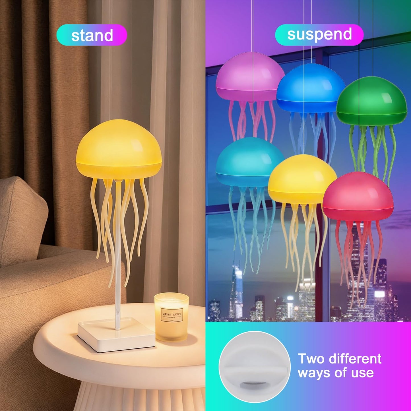 Jellyfish Lamp, Jellyfish Night Light with Touch Sensor, RGB Jellyfish Table Lamp, Rechargeable Jellyfish Bedside Lamp with Voice Control, Cute Desk Lamp for Bedrooms, Living Room (Hanging + Base)