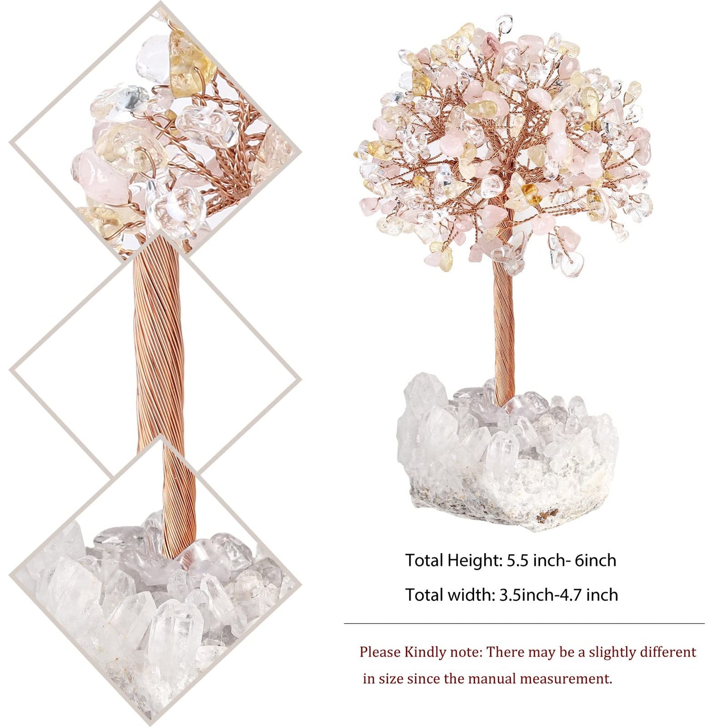 mookaitedecor Natural Rose Quartz & Citrine & Rock Quartz Crystal Money Tree with Rock Quartz Cluster Base, Healing Crystal Feng Shui Tree for Table Display Home Decoration