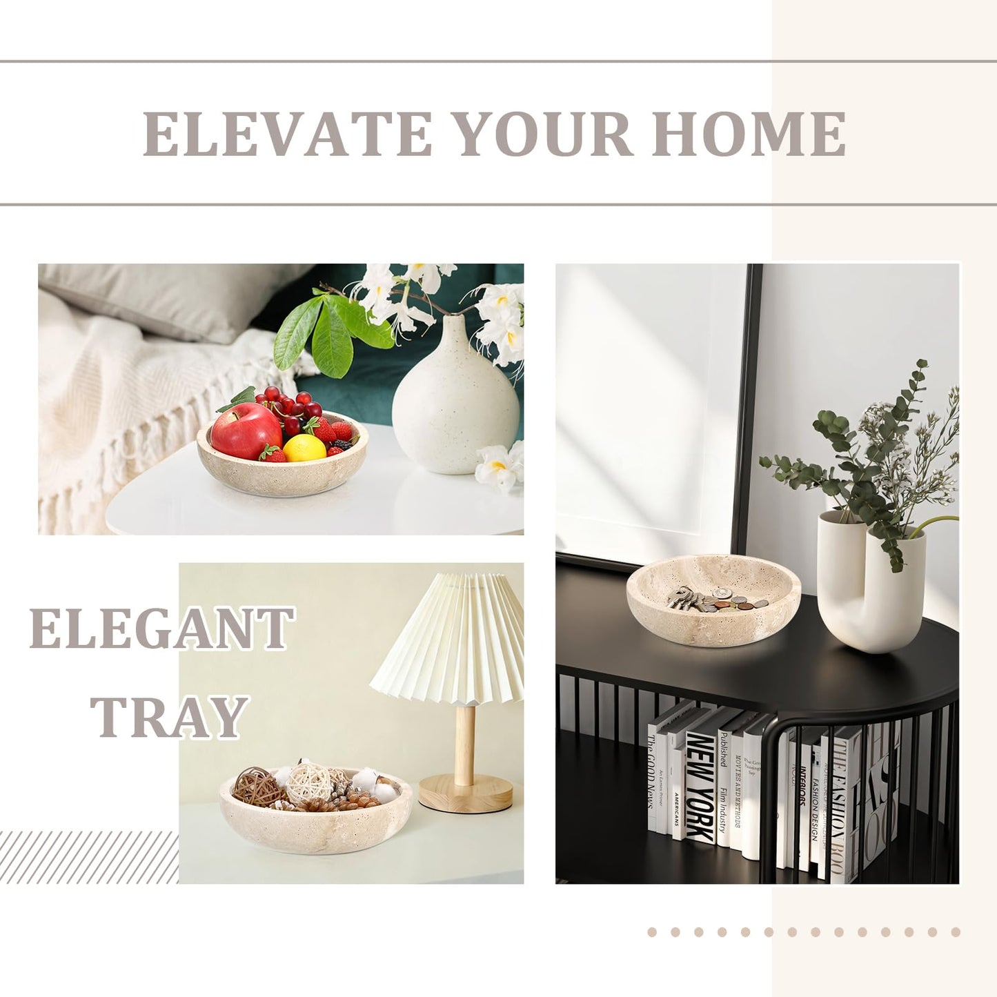 Hipiwe Key Holder for Entryway 7.9" Round Key Bowl Decorative Travertine Tray Nightstand Organizer Trays Jewelry Dish for Jewelry Ring Trinket Storage Home Decor