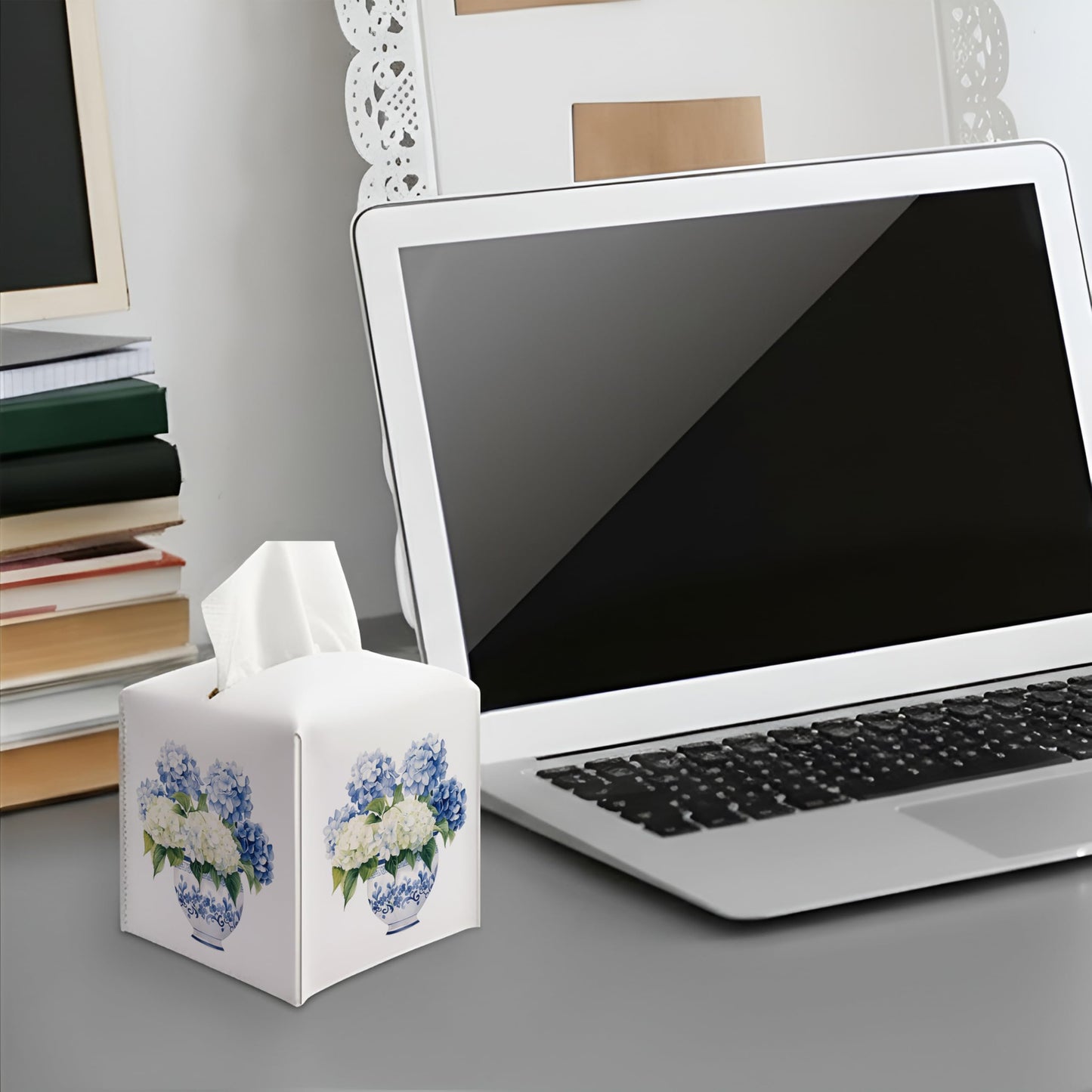 Hydrangea Tissue Box Cover — Chinoiserie Blue and White Floral Decorative Square Faux Leather Tissue Box Holder Dispenser, Hydrangea Accessories for Bathroom Car Home