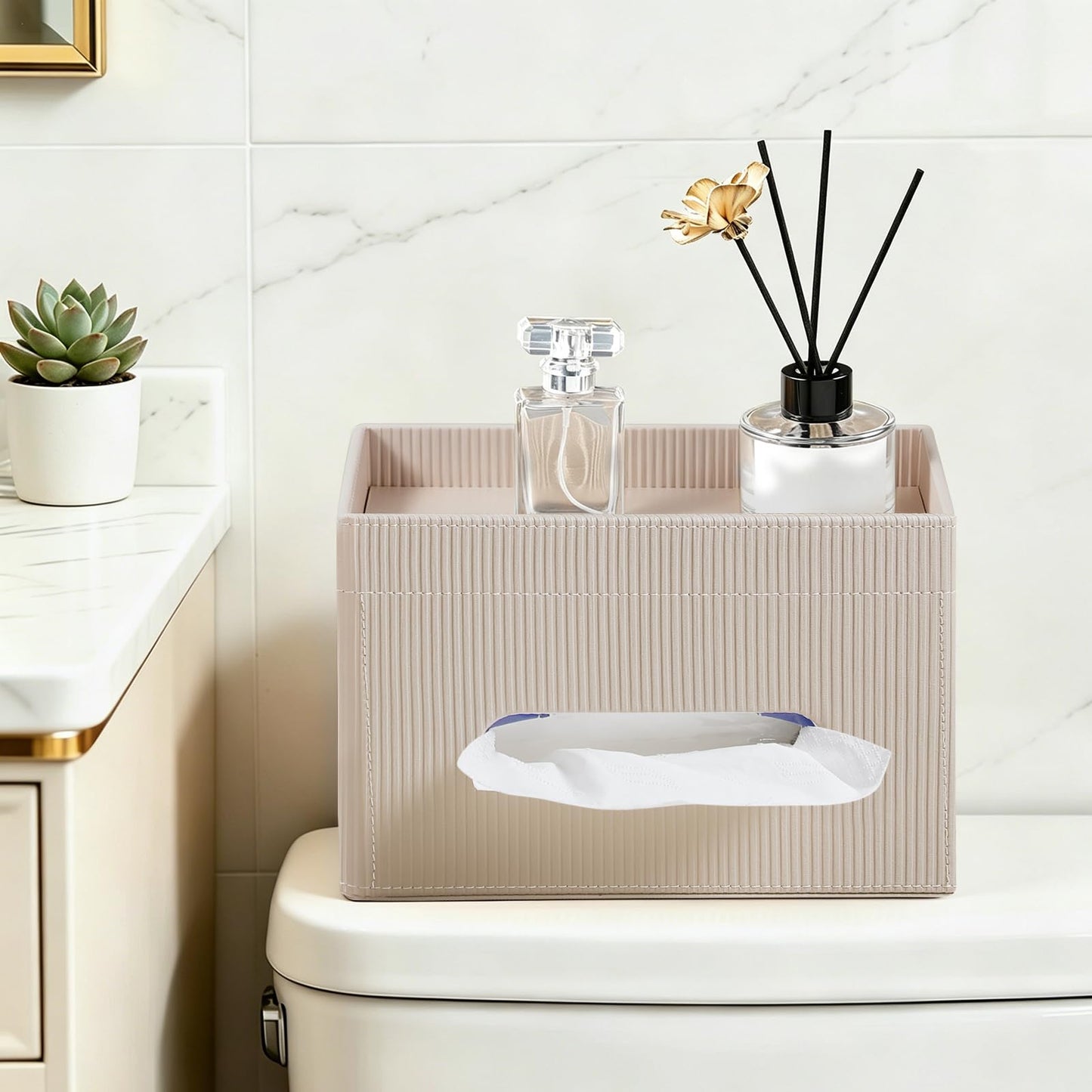 Cretkhp Tissue Box Cover Rectangle with Storage Tray, PU Leather Tissue Holder for Bathroom Vanity Countertop Night Stands Bedroom Office Desk, Stylish Rectangular Tissue Box Holder (Beige)