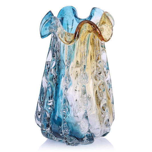 Turquoise Glass Vase, Hand Blown Wide Mouth Teal Blue Glass, Murano Style Modern Art, Art Deco Contemporary Centerpiece, Amber Highlights, Colored Home Decor for Flowers (L) (Amber, L)