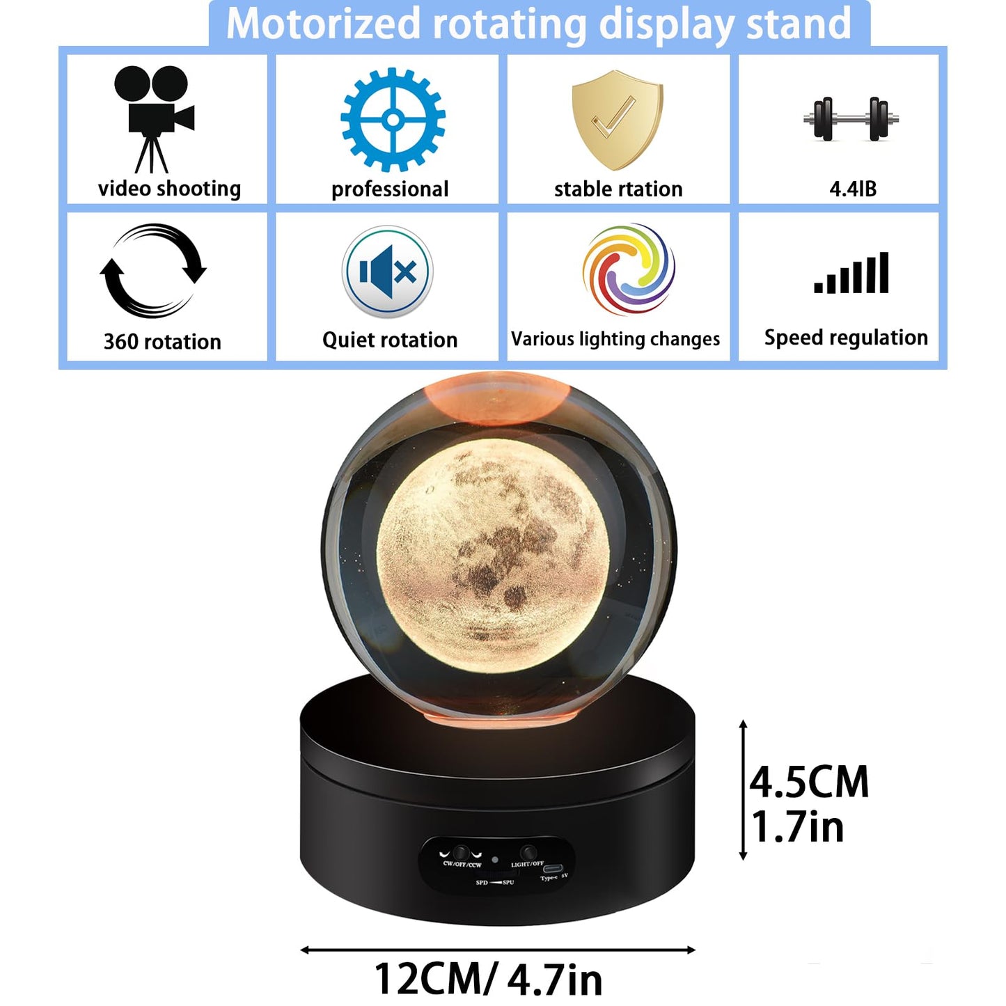 YVV LED Rotating Display Stand, Lighted Base-Crystal Glass Art, 360 Degree Automatic Mute Rotating Turntable, Motorized Display Stand with Colorful Lights, Tumbler Supplies Spinner 4.72in