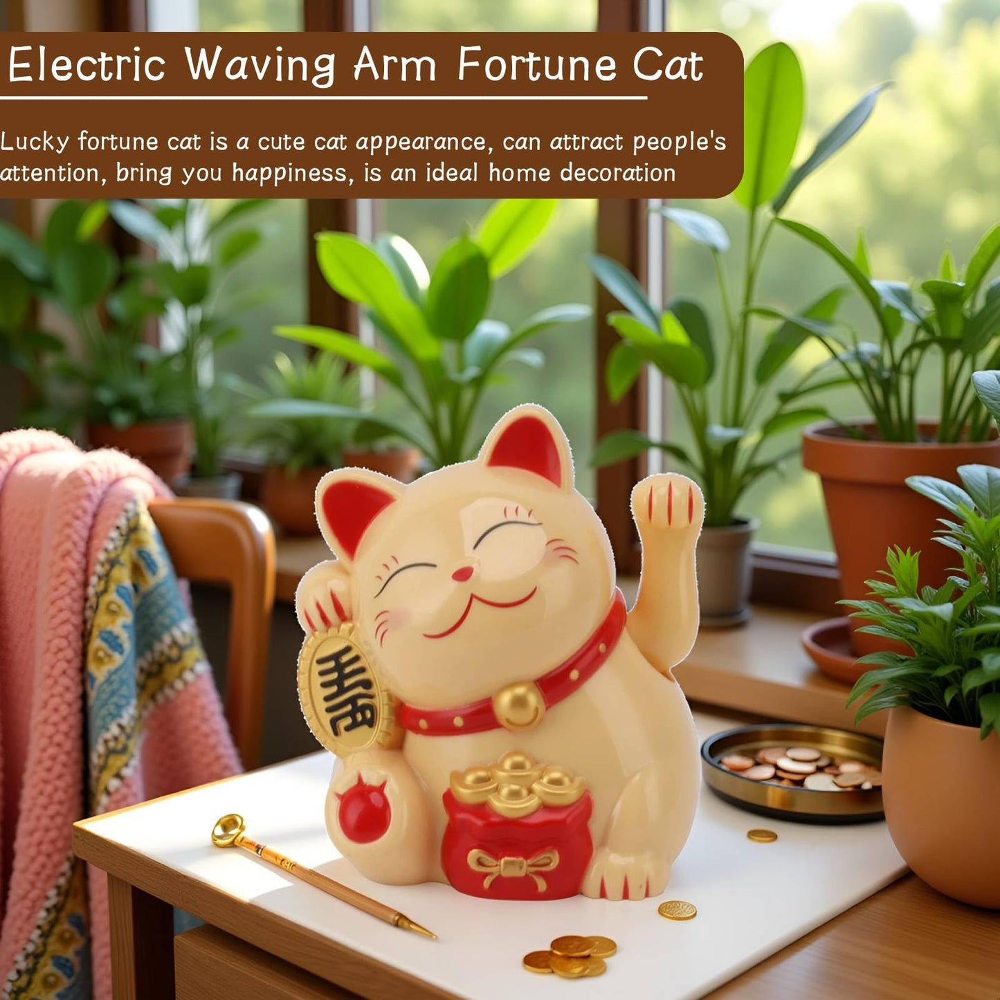 Jwthee Lucky Cat Waving Arm, 5.5in Electric Waving Lucky Fortune Cat Battery Operated Maneki Neko Chinese Waving Cat Cute Home Office Car Feng Shui Decor for Fortune Money and Good Luck