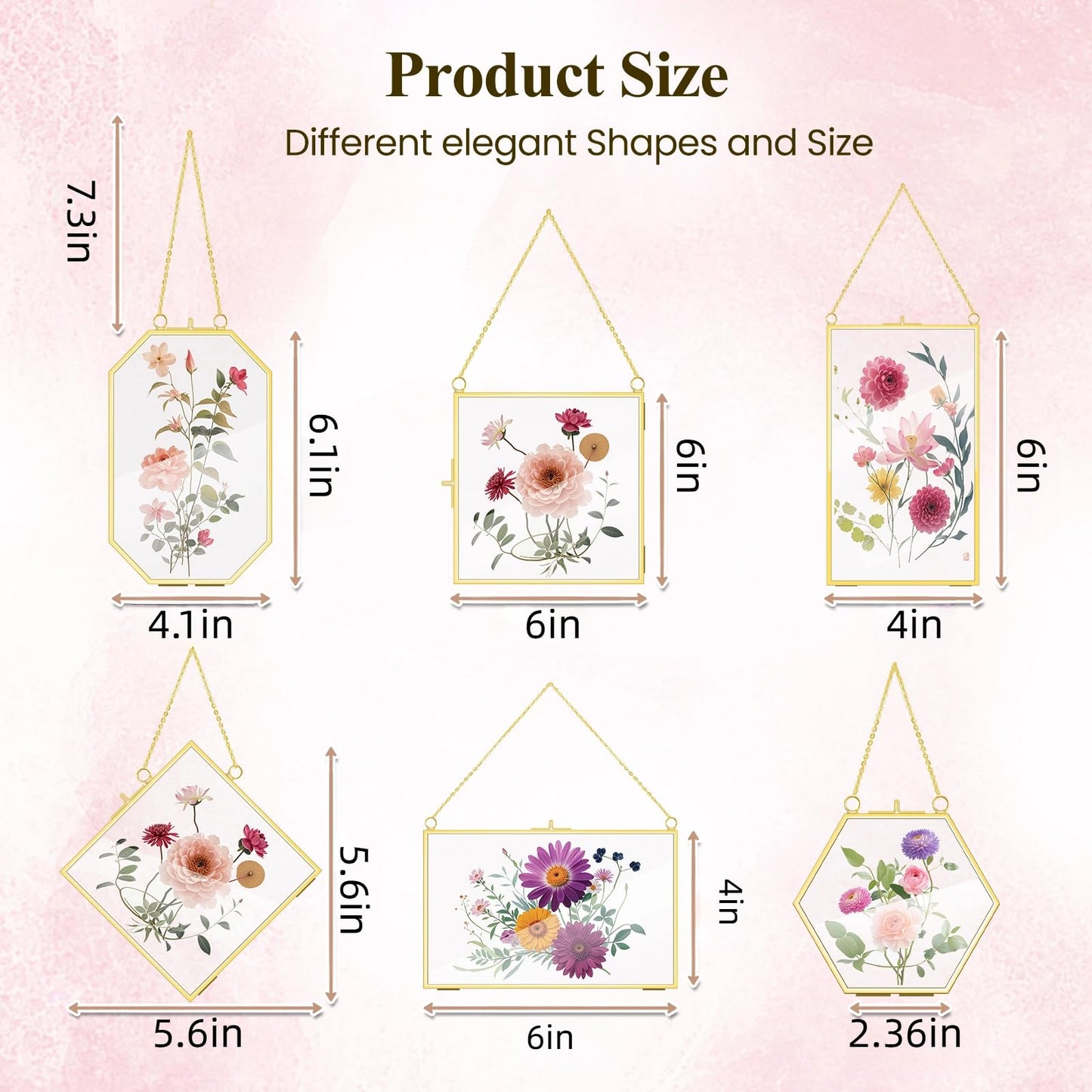 OINETRK 12 Pcs Brass Glass Frame for Pressed Flowers with Chain Clear Double Glass Floating Artwork Display Frame for Photo Gifts Wall Decor with Dried Plant Leaf, 6 Shapes