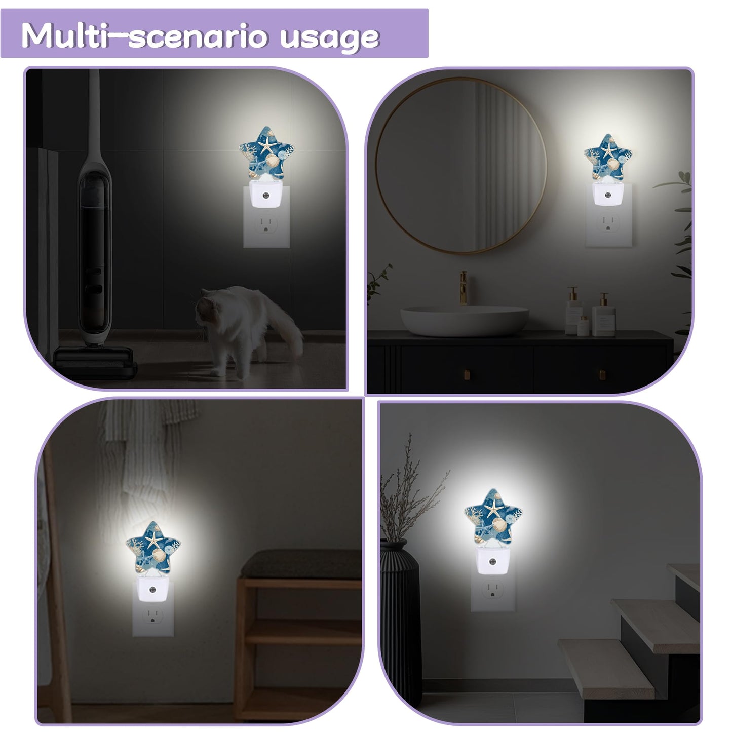 ICRICR Nightlight,Coral Starfish Decorative Night Lights Plug Into Wall,Seashells Night Light with Auto Sensor for Bedroom,Nursery,Hallway,Stairway,Gifts