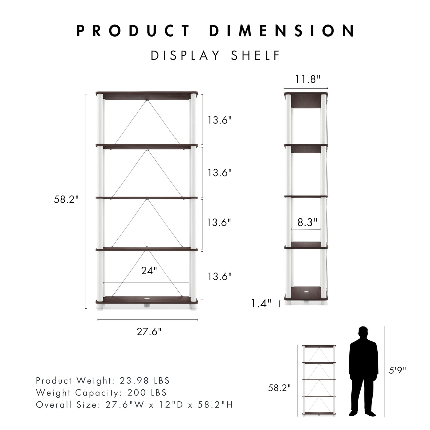 Homes: Inside + Out Apexa Modern 5-Tier Wide Shelving Units, Collectibles Display Shelves, Easy Assembly Standing Shelf, Home Storage Organizer for Living Room, Bedroom, Office, Espresso