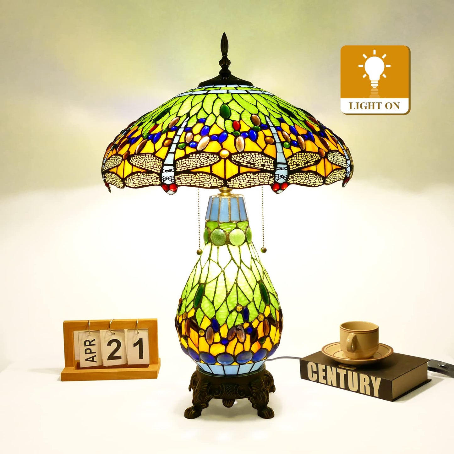 VirtueKing Tiffany Style Table Lamp Green Dragonfly Tiffany Lamp Handmade Stained Glass Lamp 18x18x27 Inches Desk Reading Light for Bedroom Living Room Home Office Decoration, LED Bulb Included