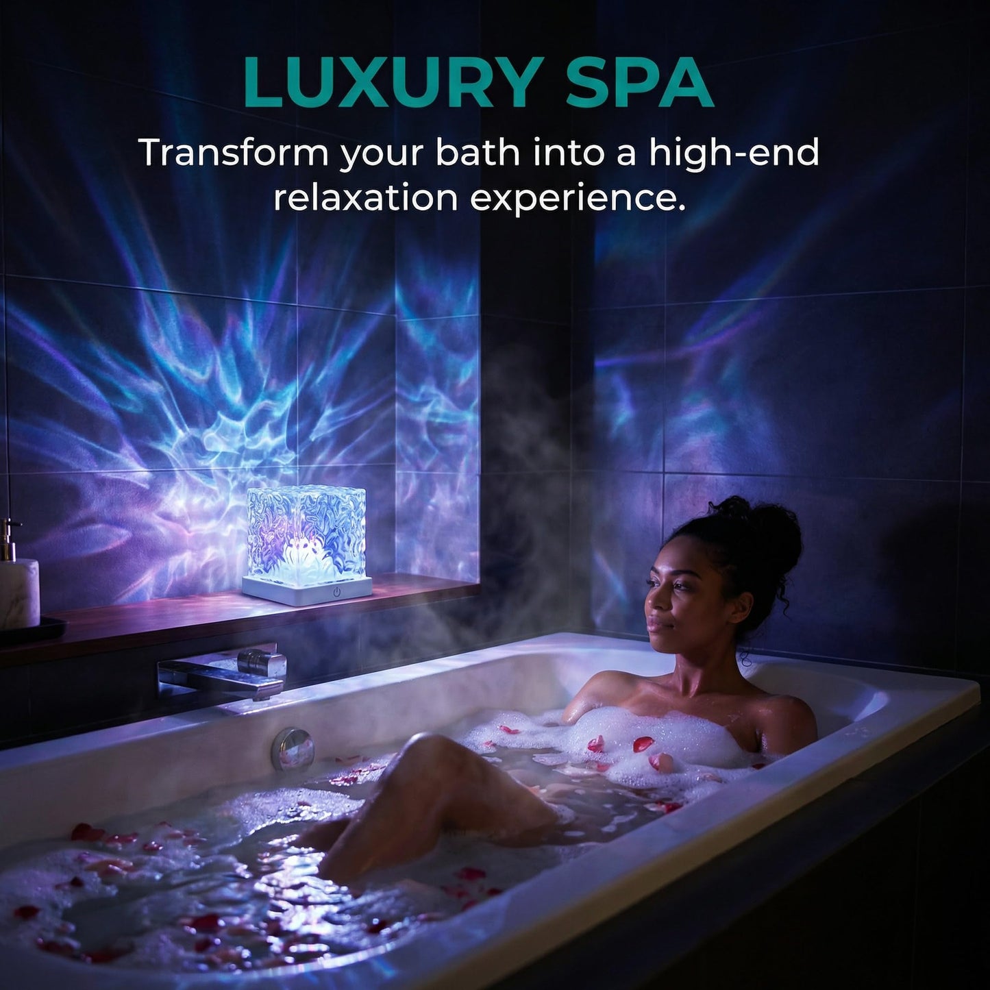 rerekiki Waterproof Shower Light for Inside Bathroom, Rechargeable Cube Shape Kids Shower Lamp, RGBW 13 Color Changing Bathtub Lamp with Remote Ocean Wave Projector Mood Night Lighting