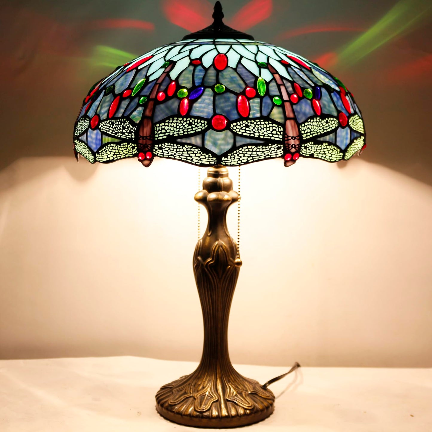 WERFACTORY Tiffany Style Table Lamp Blue Stained Glass Dragonfly Bedside Desk Reading Light Metal Base 16X16X24 Inches Decor Bedroom Living Room Home Office S004 Series