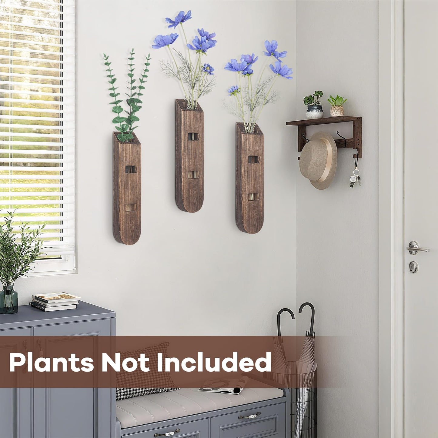 3 Pack Wood Planter Set, Boho Wall Decor for Living Room, Modern Farmhouse Entryway or Bathroom Decor, Wooden Vase Aesthetic Art for Wall Decorations