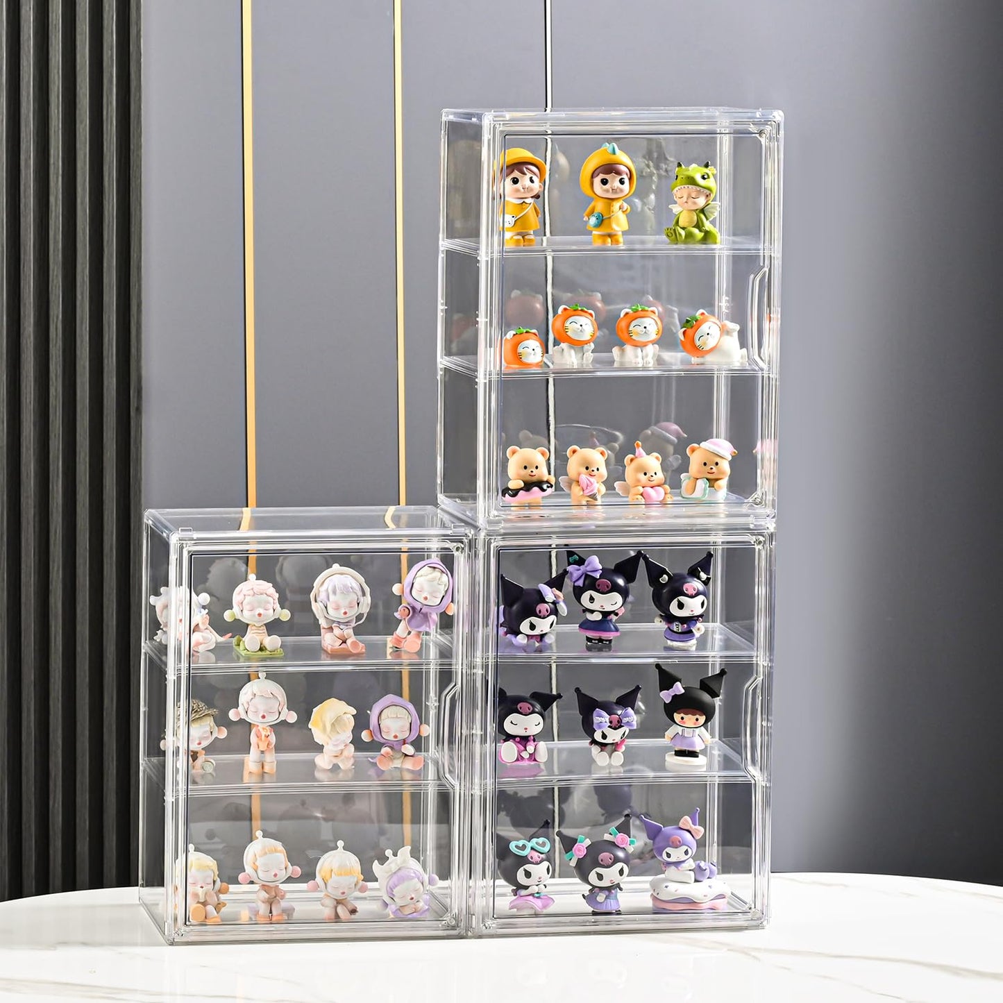 3 Tier Display Case for Collectibles,Clear Display Box with 2 Movable Plates ,Storage Container with Magnetic Door (Large 1 Pack)