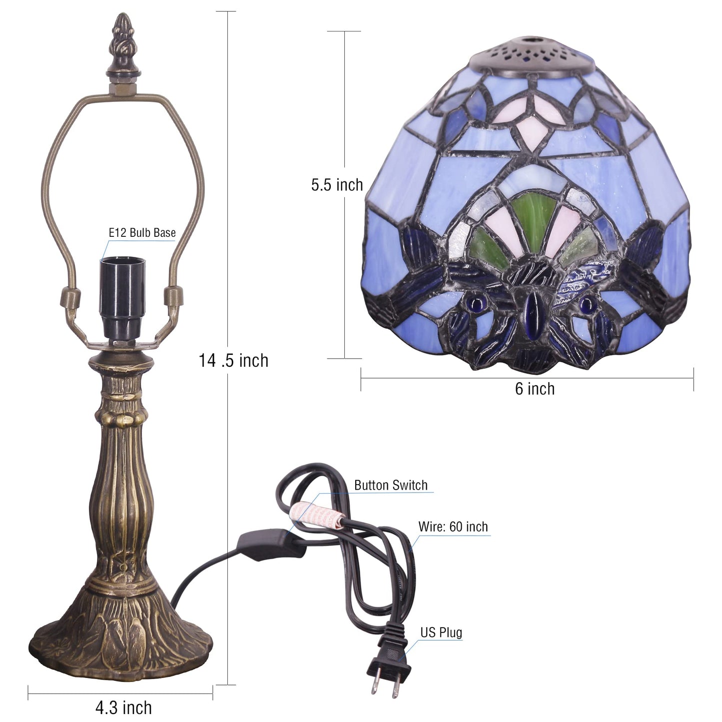 SYETL Small Tiffany Lamp Mini Accent Table Lamp Blue Purple Baroque Style