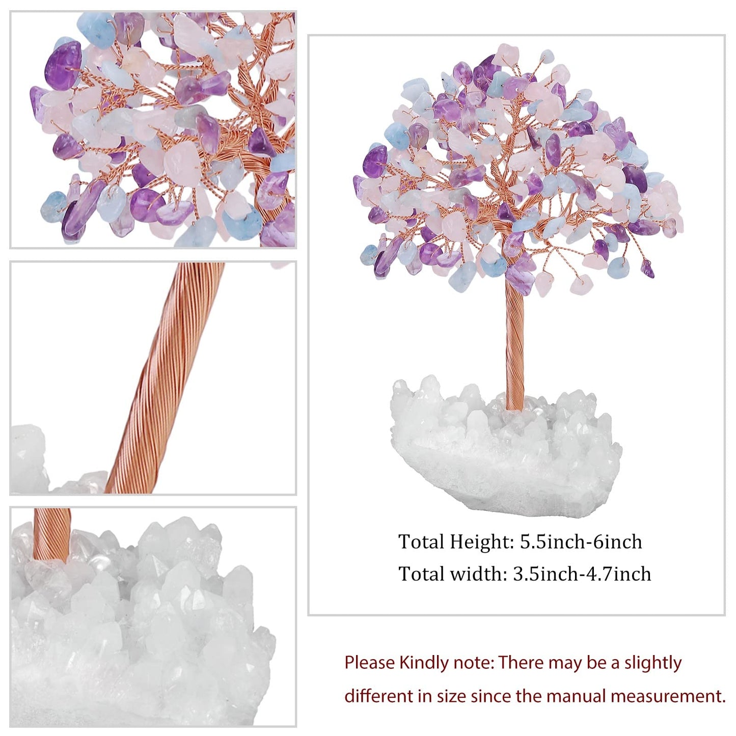 SUNYIK Handmade Amethyst Rose Quartz Aquamarine Money Tree Set on Rock Quartz Cluster Base, Wire Wrapped Tree of Life Polished Chip Stones Tree Decor Statue Home Office Window