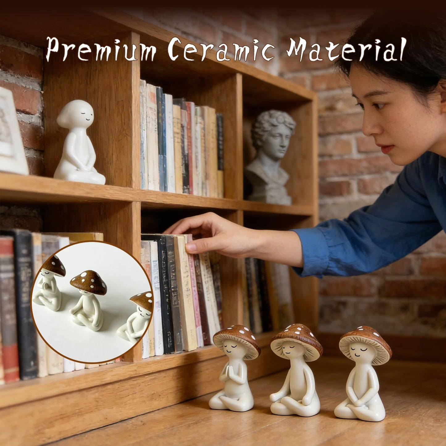 HPZIHYNAP 3 Pcs Ceramic Meditation Mushroom Figurines Set, Cute Yoga Mushroom Decor Statues for Desk, Home Office, Living Room & Garden, Unique Tabletop Ornament for Mushroom Lovers