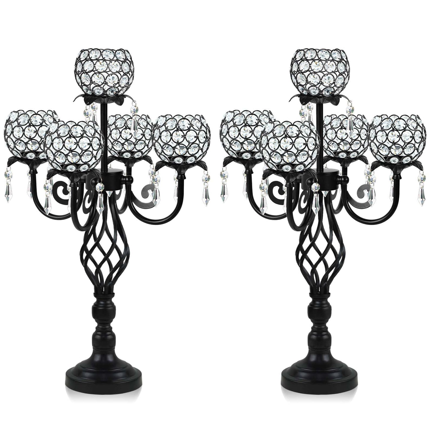 Kehail 5-Arm Crystal Candelabra Centerpiece 23.2" Tall - Elegant Candle Holder Stand with Crystal Bowl, Chic Table Decor for Weddings, Parties, Anniversary & Home Decoration (2, Black)