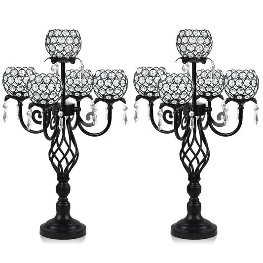 Kehail 5-Arm Crystal Candelabra Centerpiece 23.2" Tall - Elegant Candle Holder Stand with Crystal Bowl, Chic Table Decor for Weddings, Parties, Anniversary & Home Decoration (2, Black)