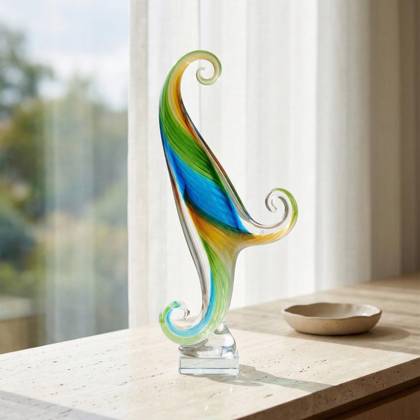 LCCCK 16.9in Tall Glass Wave Sculpture Hand Blown Art Figurine Abstract Twist Statue for Home Decor Living Room Shelf Mantel Tabletop Display Glass Sculptures Decorative Accent Piece