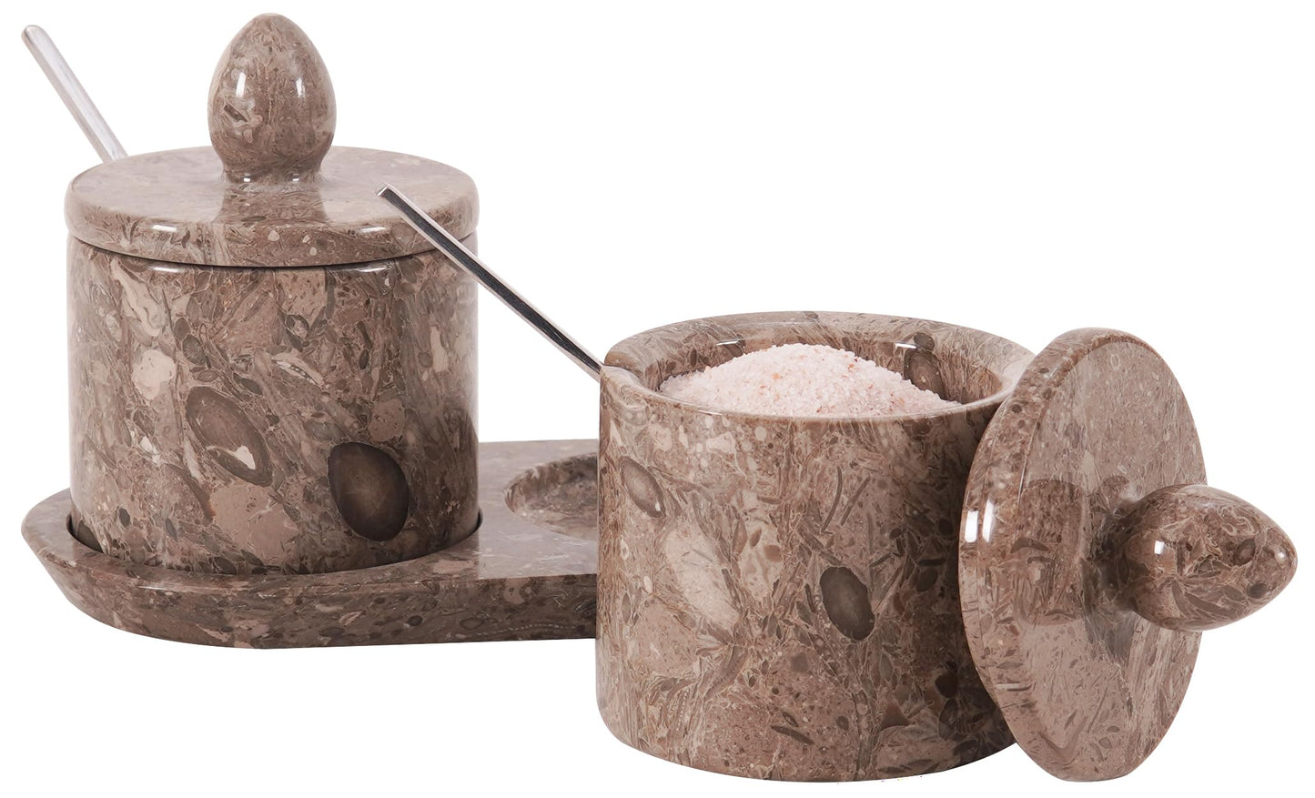 Marble Salt Cellar with Lid and tray 4 Inch Oceanic Handmade Salt Container, Set of 2 Seasoning Jars, Spice Storage Containers for Kitchen Countertop, Sugar Bowl