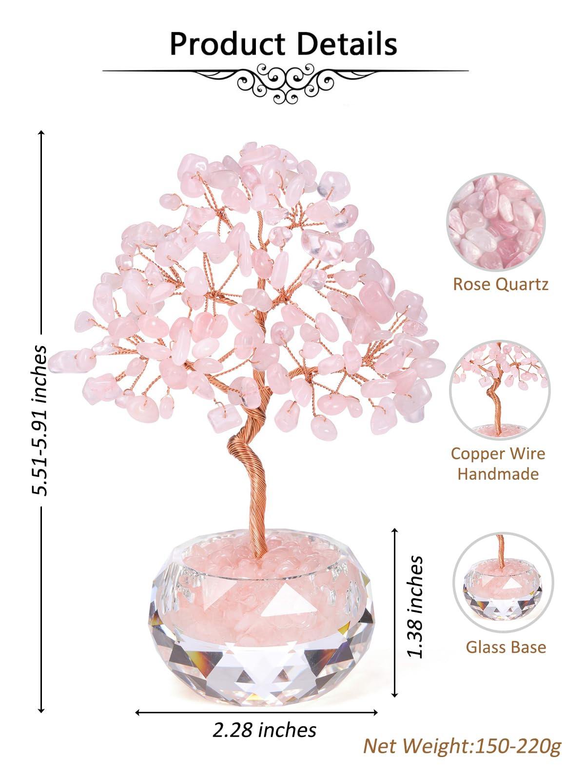 Jovivi Large Rose Quartz Crystals Tree, 5.51"-5.91" Natural Crystal Healing Stones Tree Glass Bowl Base Gemstone Money Trees Feng Shui Good Luck Home Desk Decor