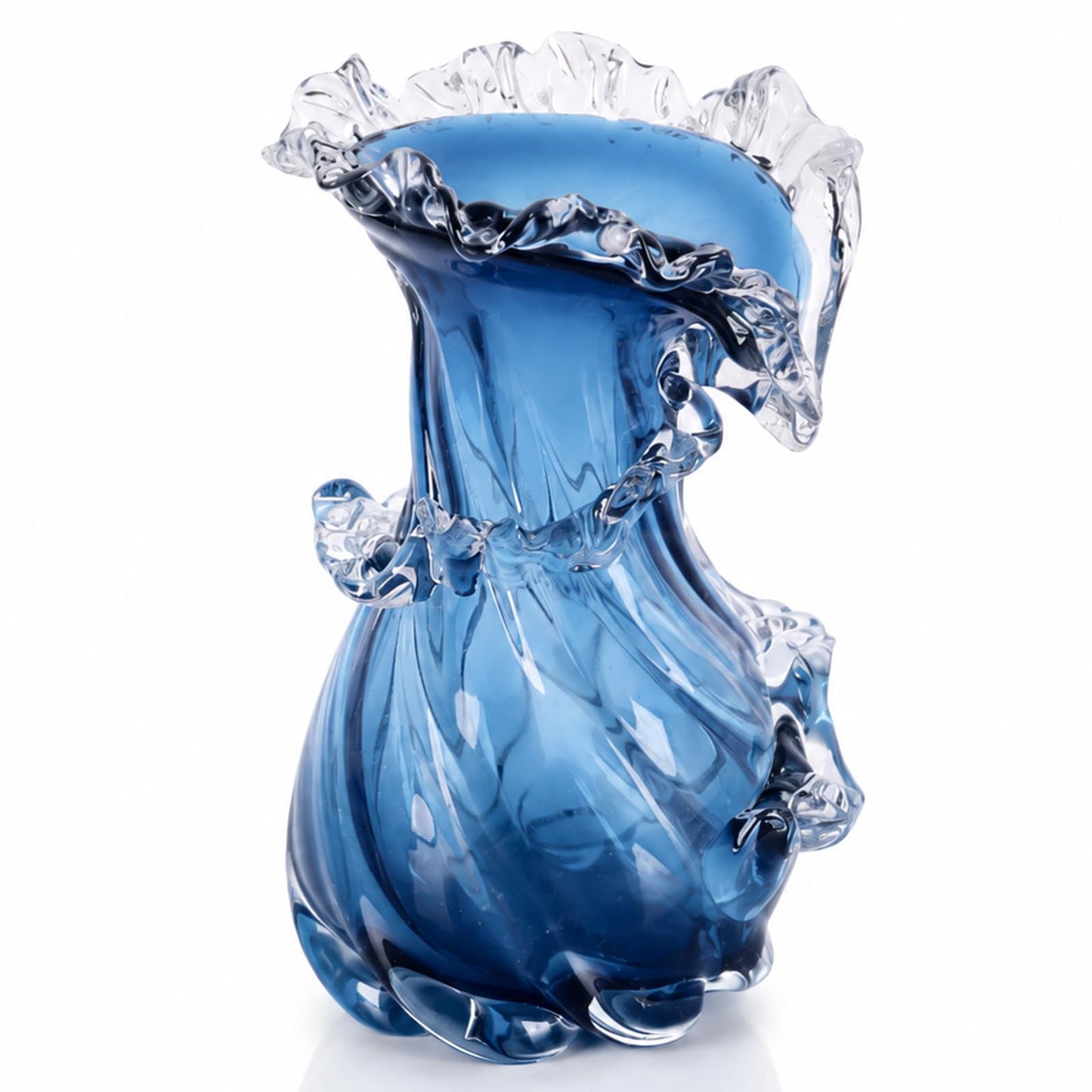 Hand Blown Blue Glass Vase, Wavy Wide Mouth Coastal Flower Vase