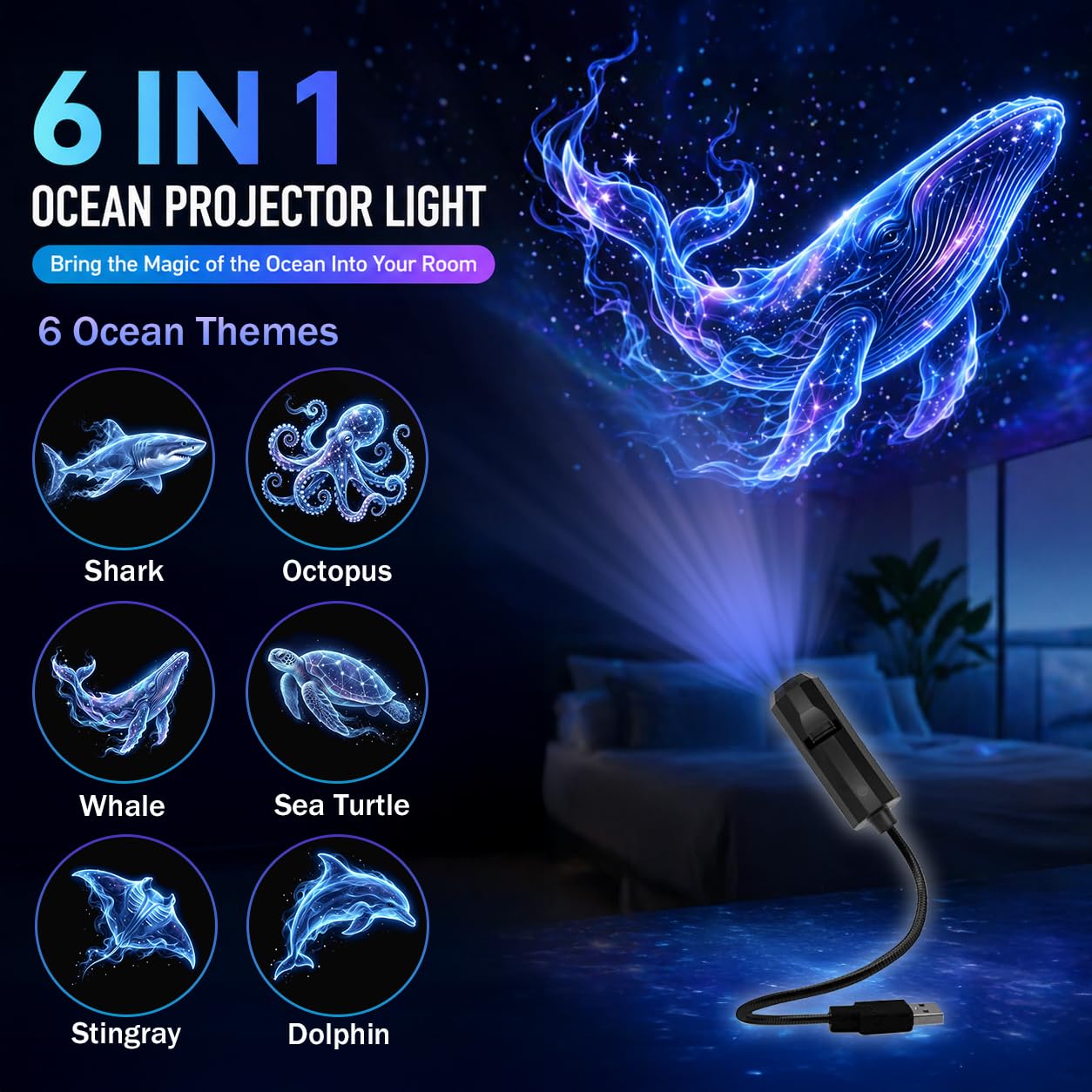 Marine Life Projection Light, Featuring Sharks, Whales, Turtles, Dolphins, and Various Other Patterns, Creating a Dreamy Ocean Atmosphere, Suitable for Use as a Bedroom Ceiling Decorative Night Light
