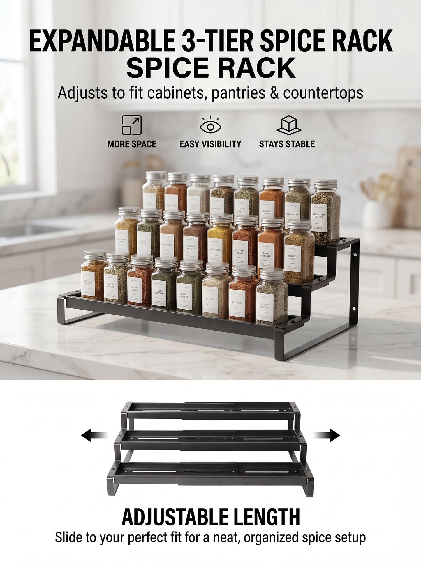 Deloban 3-Tier Spice Rack Organizer For Cabinet,Countertop Pantry Kitchen Organizer,Metal Display Rack, Suitable For Various Cans And Bottles.