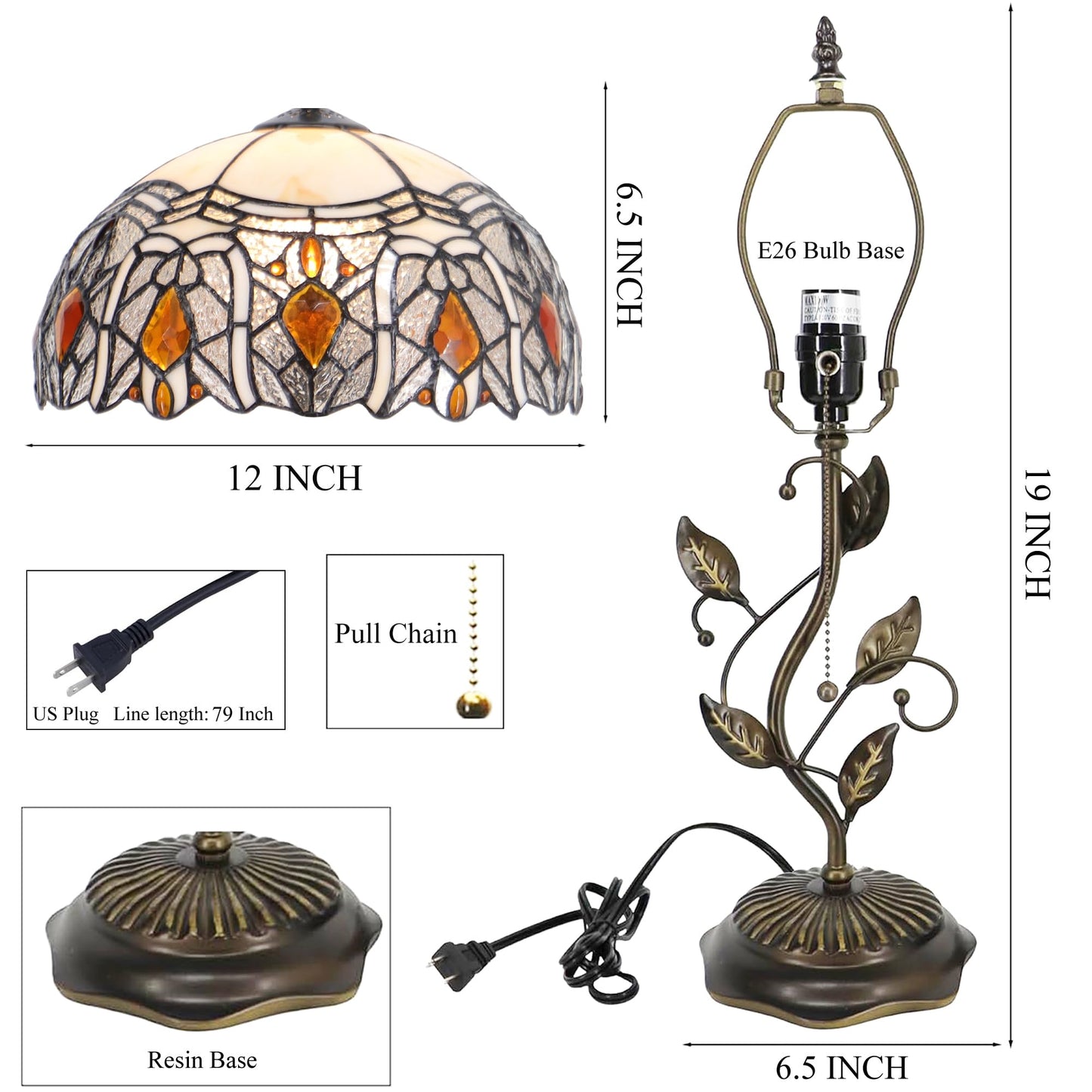 HZYFFYU Tiffany Table Lamp Stained Glass Desk Lamp Metal Leaf Base Reading Light 12X19 Inch (Crystal Style)