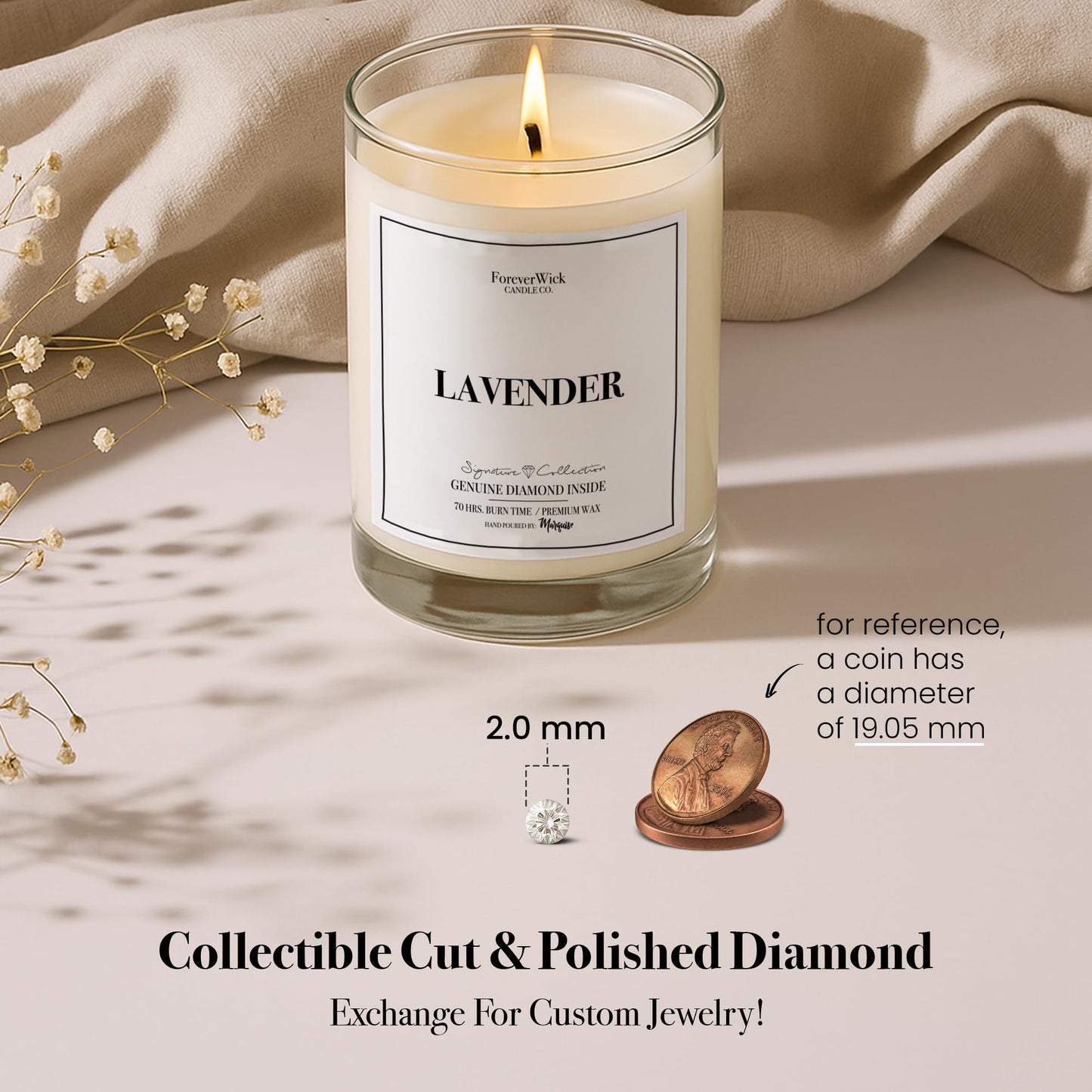 Lavender & Magnolia Surprise Candle with Diamond Inside | Foreverwick Candles | Scented Soy Candles Gifts for Women Aromatherapy Candle Wax | Romance Candles All-Natural Organic Soy Candle 14oz | 70h
