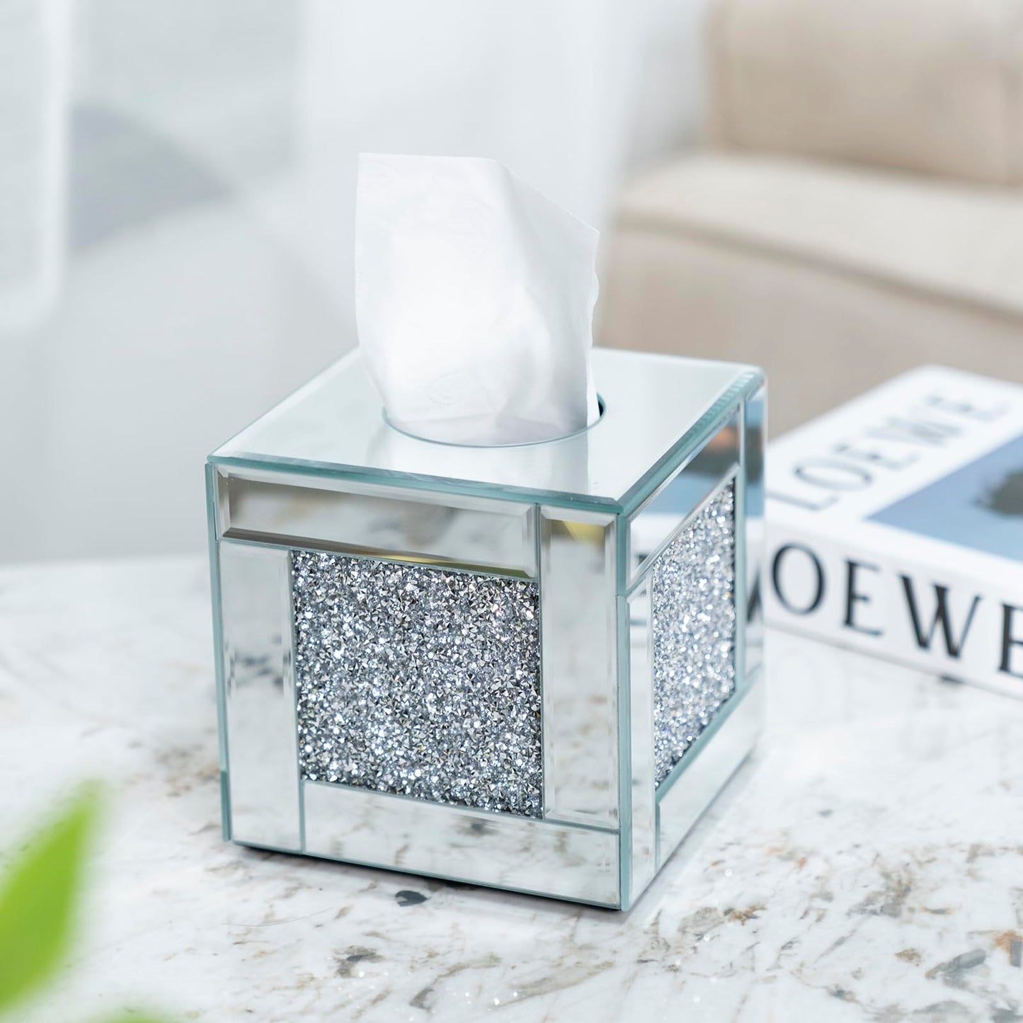 Mirrored Tissue Box Cover Holder, Square Glass Facial Tissue Holder with Crushed Diamond Crystals, Luxury Facial Paper Organizer Dispenser for Bathroom, Vanity Countertop, Tabletop, Silver