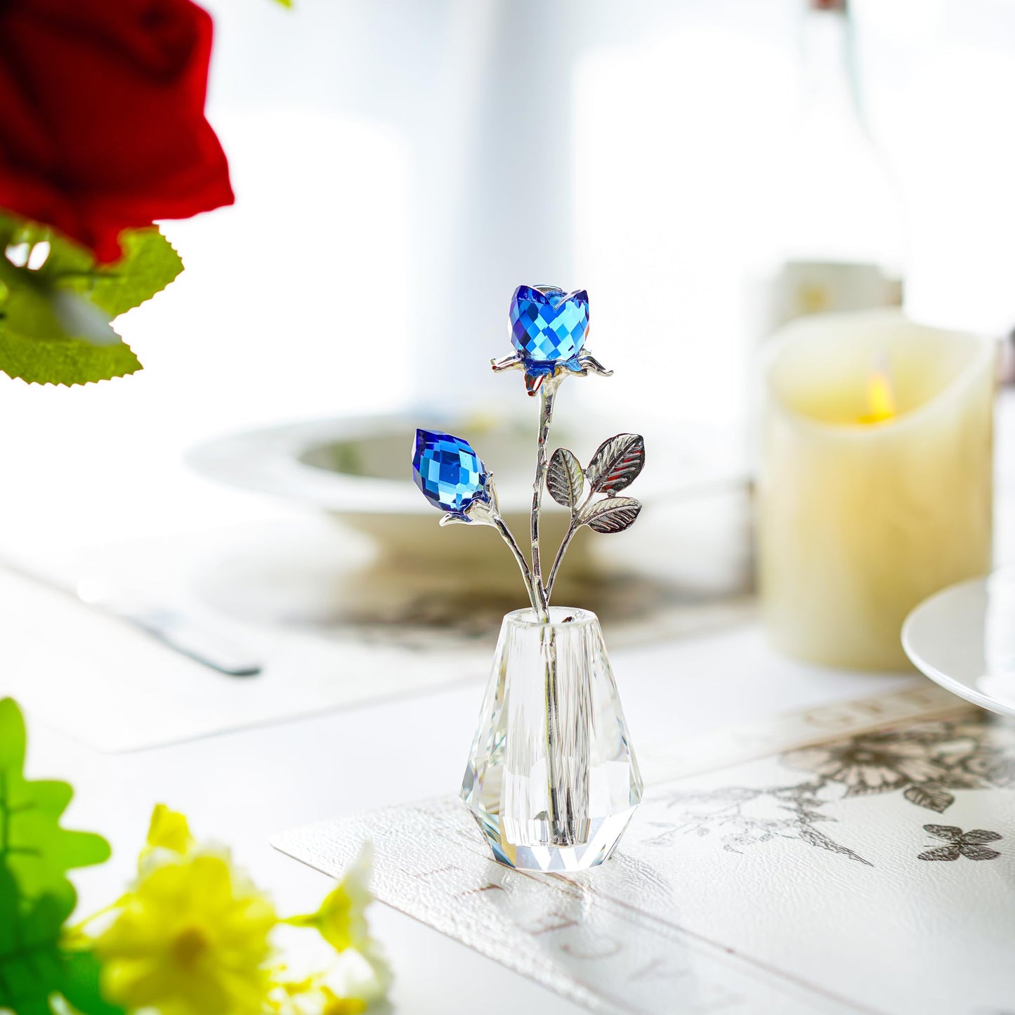 H&D HYALINE & DORA Blue Crystals Roses with Sliver Metal Stem Glass Figurine Ornament Wedding Gifts for Woman Home Party Decorations