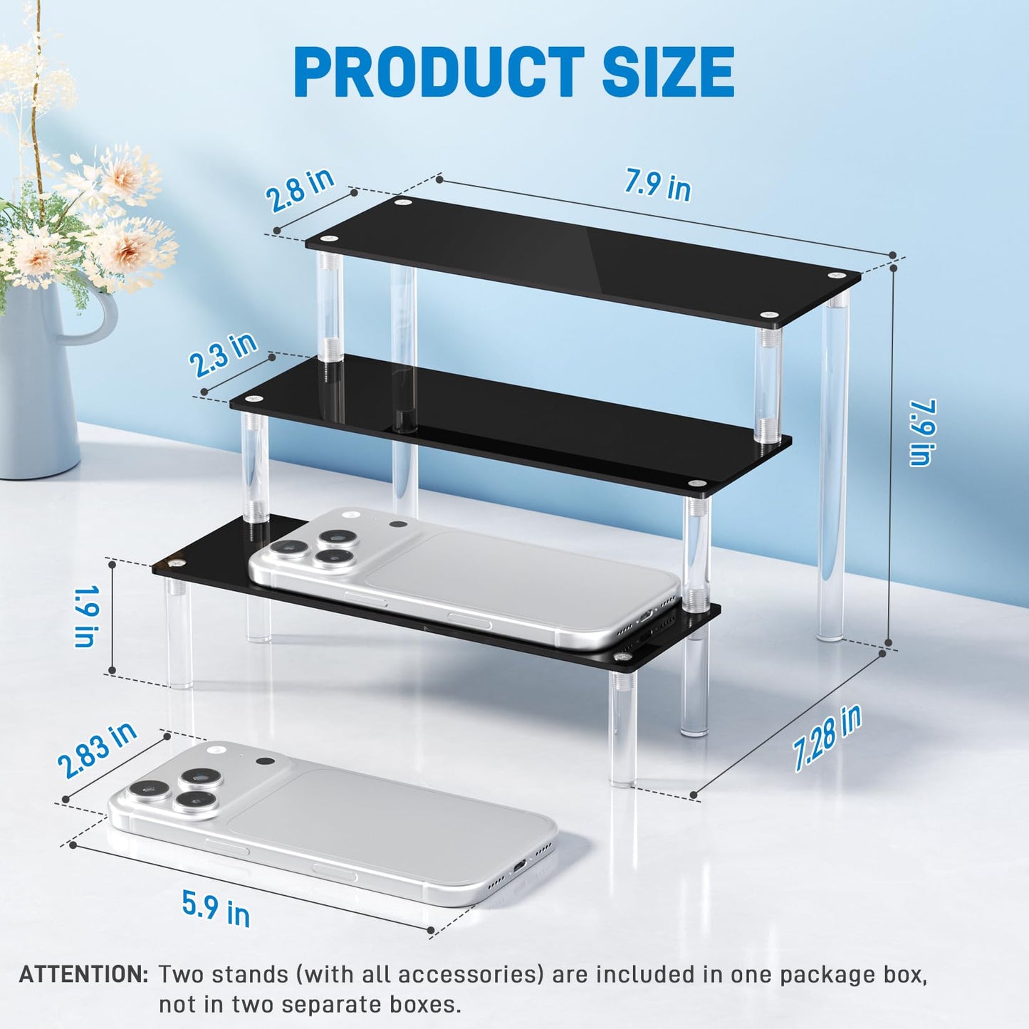 2 Packs Acrylic Display Stand Riser,3 Tier Perfume Organizer Cupcake Stand Acrylic Pop Shelves Holder,Black Desk Display Shelf for Figure,Trinket,Collectibles,Dessert Tray Stands for Party Decor-7.9in
