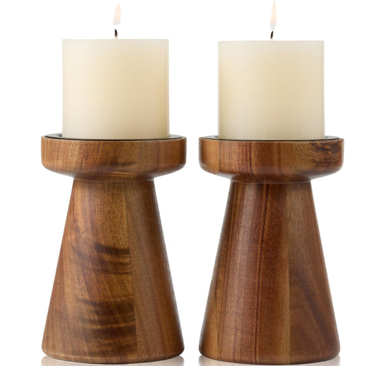 THORNIA Acacia Wood Candle Holders for Pillar Candles, Set of 2 Vintage Rustic Tall Modern Farmhouse Decor, Decorative Wooden Candlestick Stand for Fireplace Mantel, Table Centerpiece