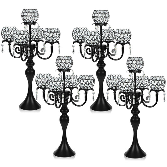 5 Arm Elegant Crystal Candle Holder,Candlestick for Wedding Table Centerpiece, 22 Inch Tall Candle Holder Table Candelabra Event Party Table Centerpiece,Home Decoration. (4, Black, Round Crystal)