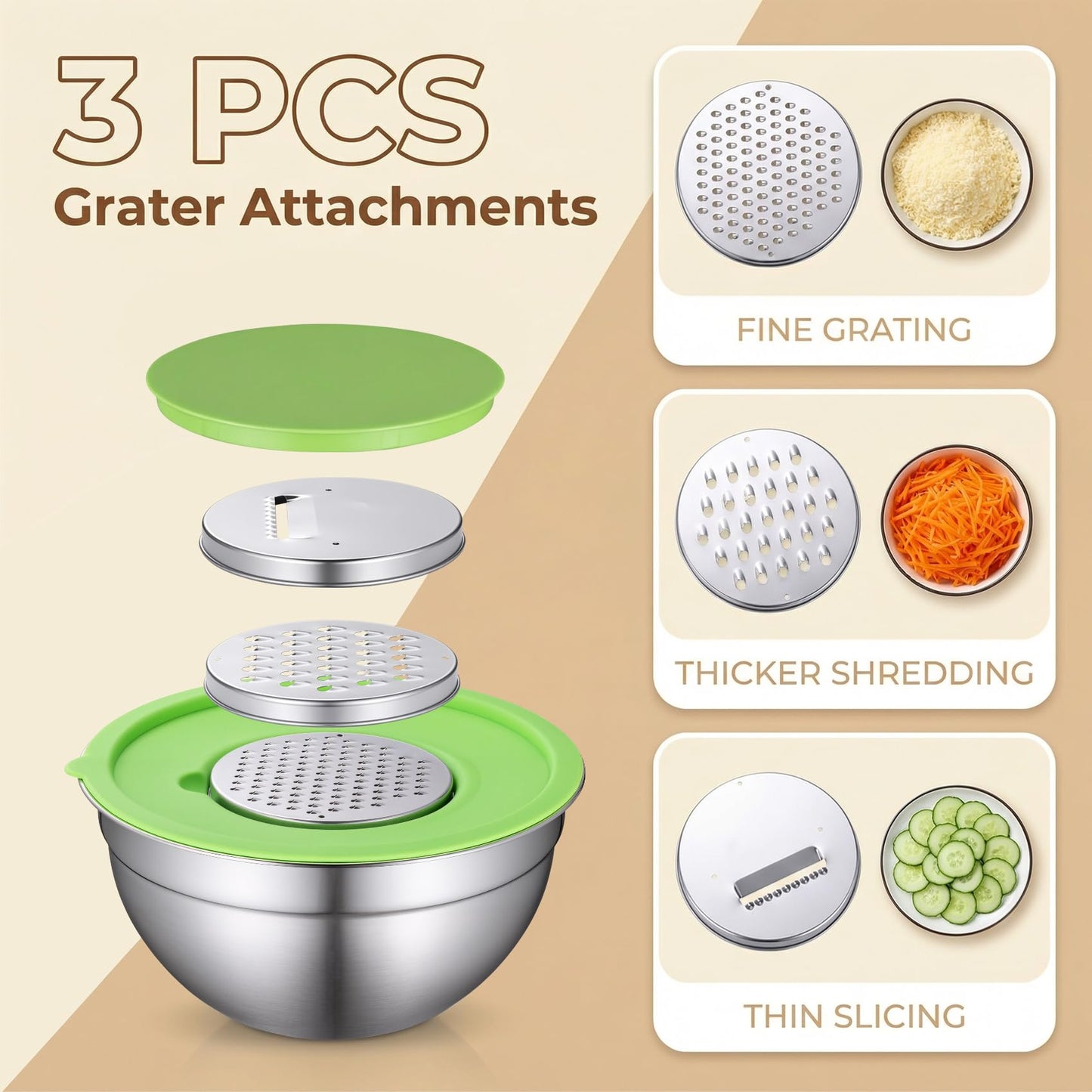 Xyingshine Stainless Steel Mixing Bowls with Lids, 6-Size Nesting Set 0.7-4 QT, 3 Grater Inserts for Meal Prep, Baking, Serving & Storage