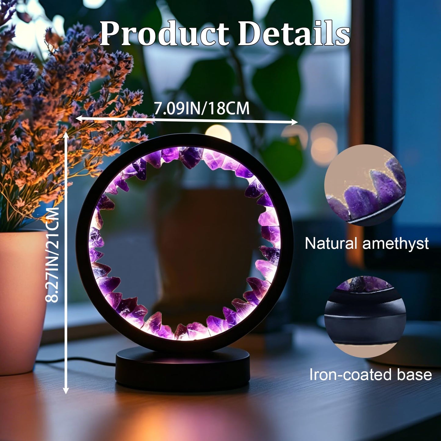 RUIJINGYUAN Natural Amethyst Night Light - 7.9" Healing Crystal Lamp, USB Powered, 3 Light Modes with Dimming Function, Bedside Lamp, Suitable for Bedroom, Living Room Furniture Decoration Gift