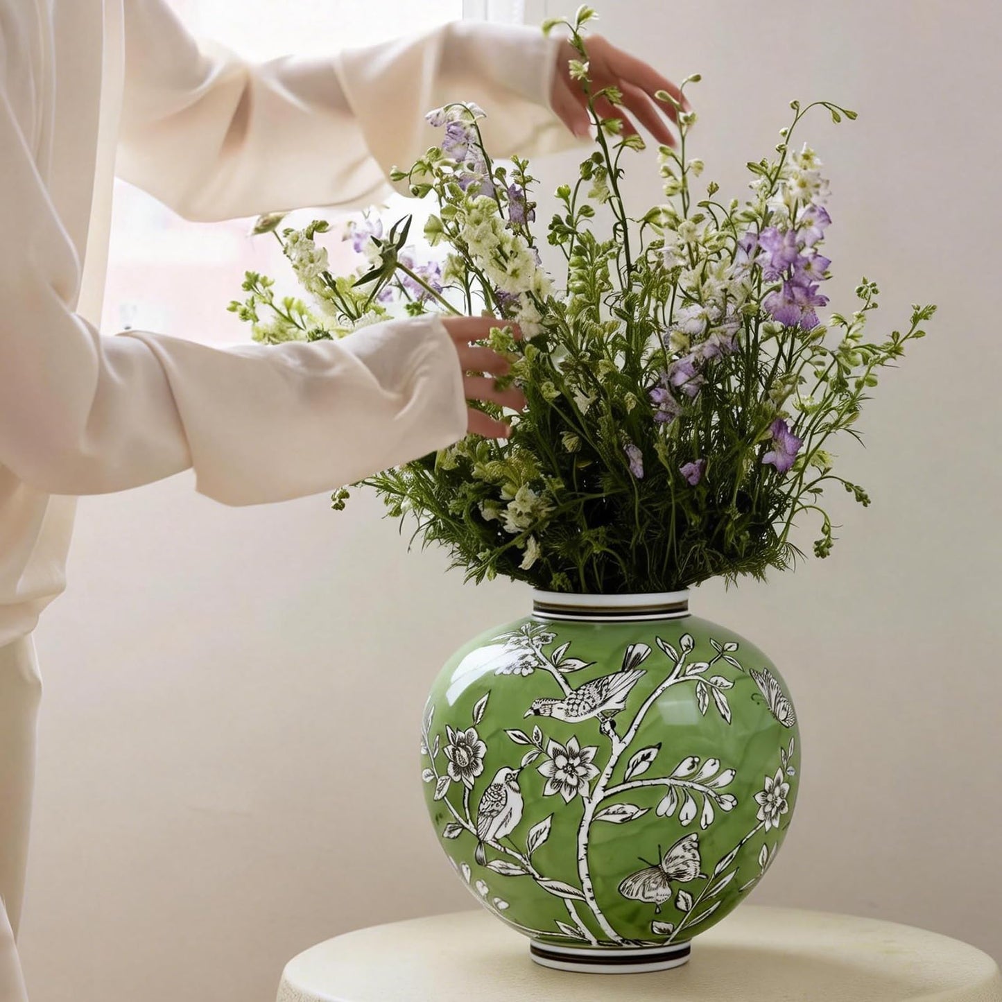 Large Ceramic Vase, 10.8 Inch Green Decorative Vases for Living Room, Hand-Painted Chinoiserie Decor Round Vase with Antique Floral-Bird Pattern, Porcelain Vase for Flowers Arrangement